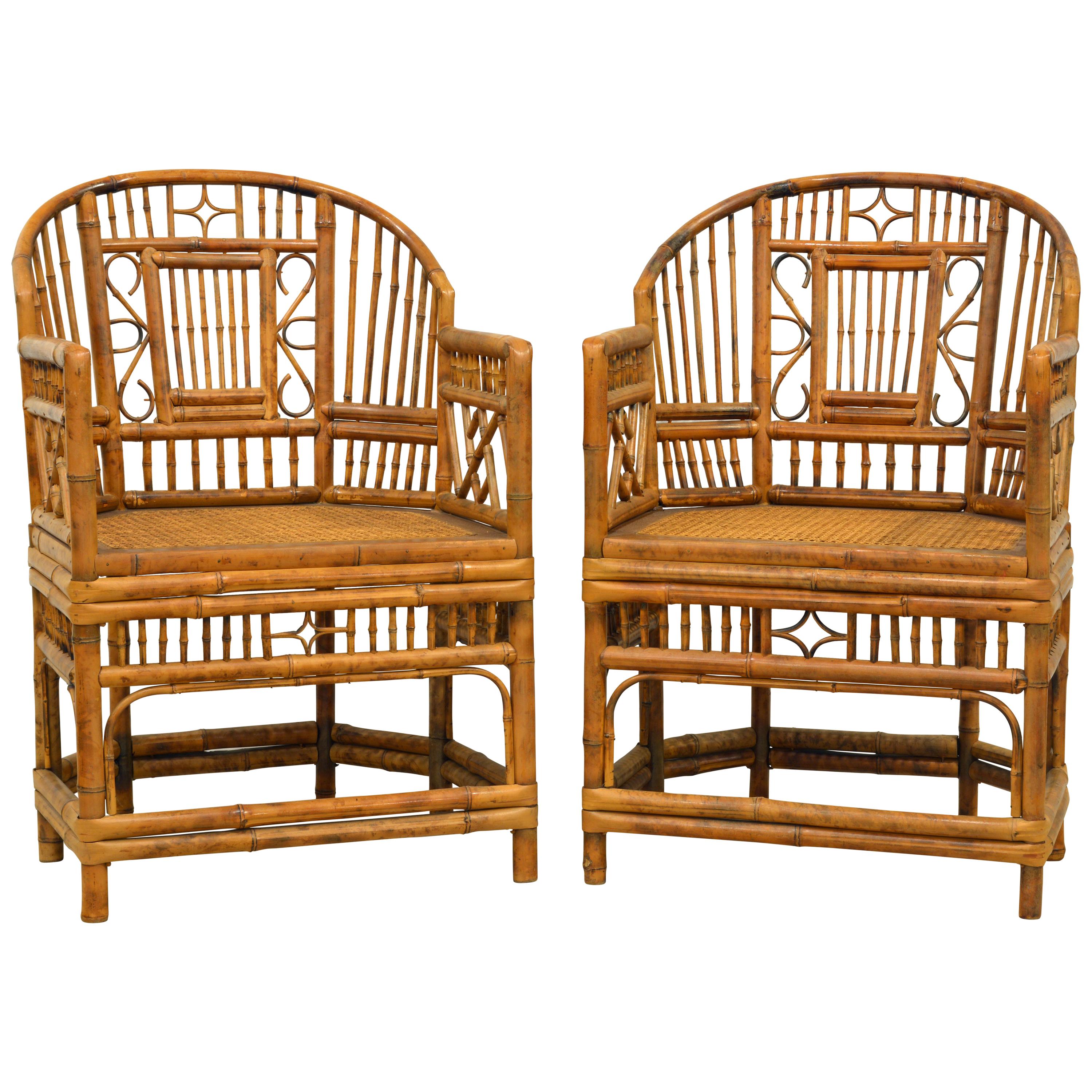 Pair of Vintage Brighton Pavilion Style Chinoiserie Chippendale Bamboo Armchairs