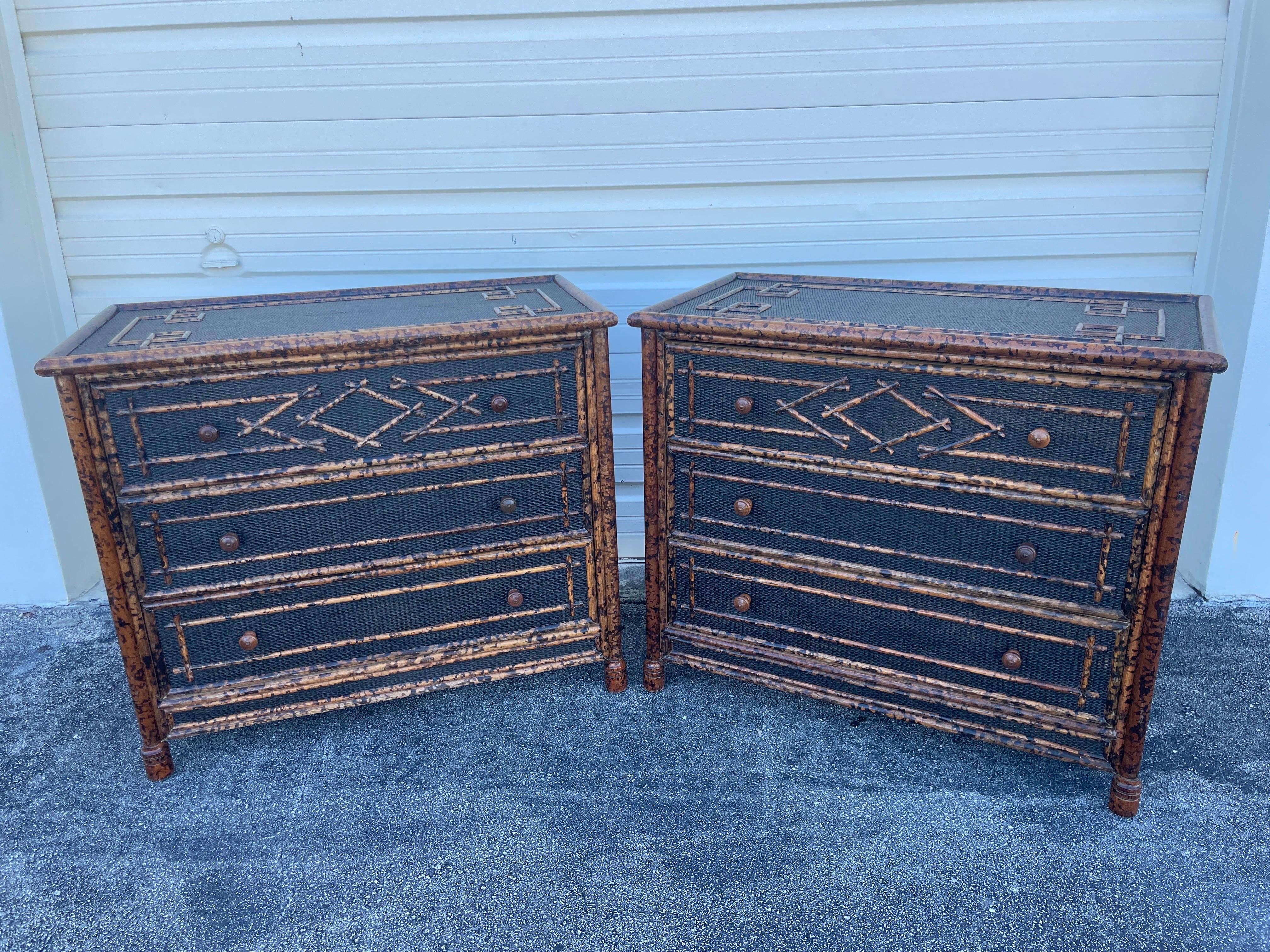 Vintage rare pair of burnt bamboo British Colonial chest of drawers. Great attention to detail throughout.  
