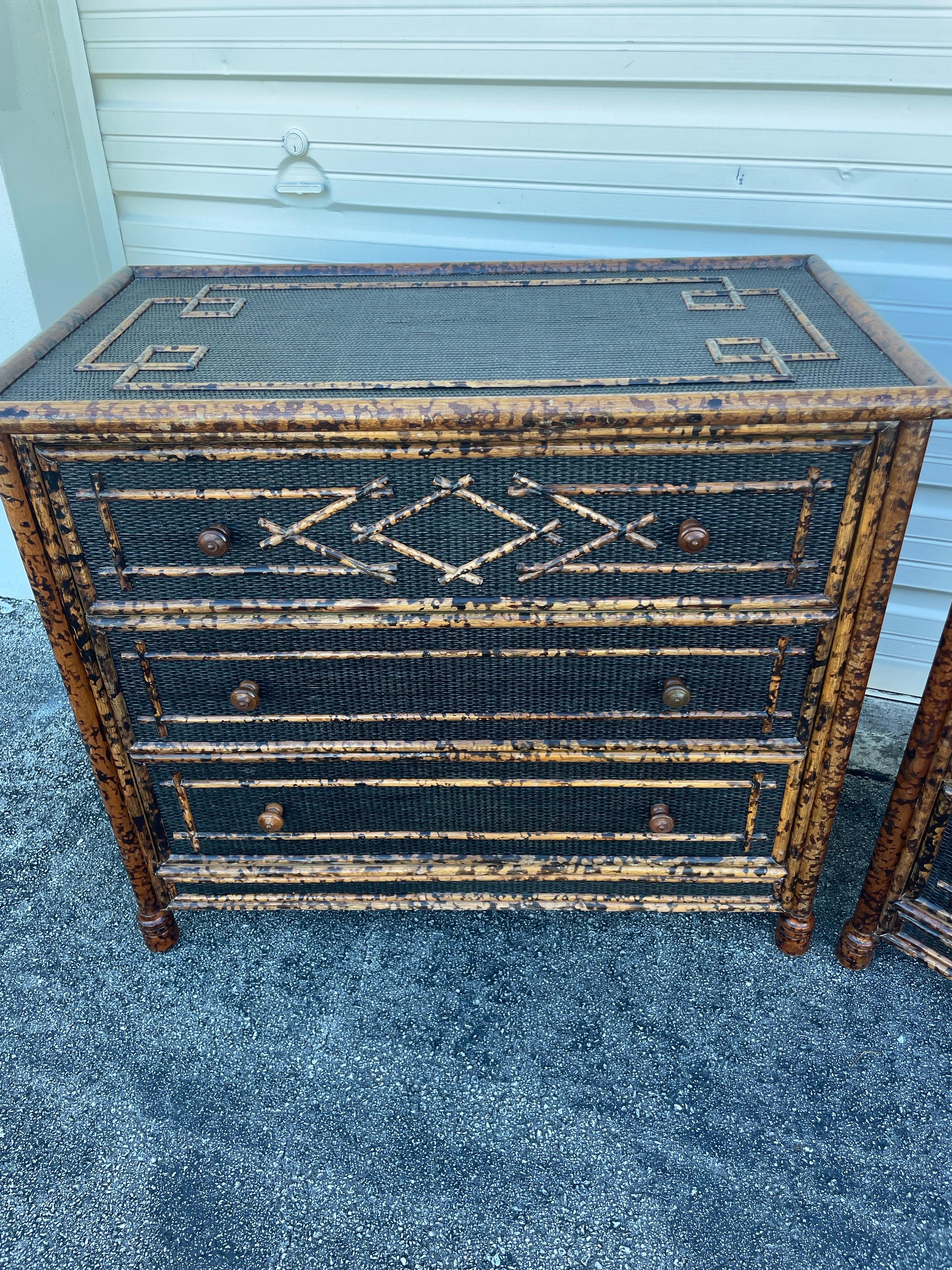Philippine Pair of Vintage British Colonial Burnt Bamboo Dressers For Sale