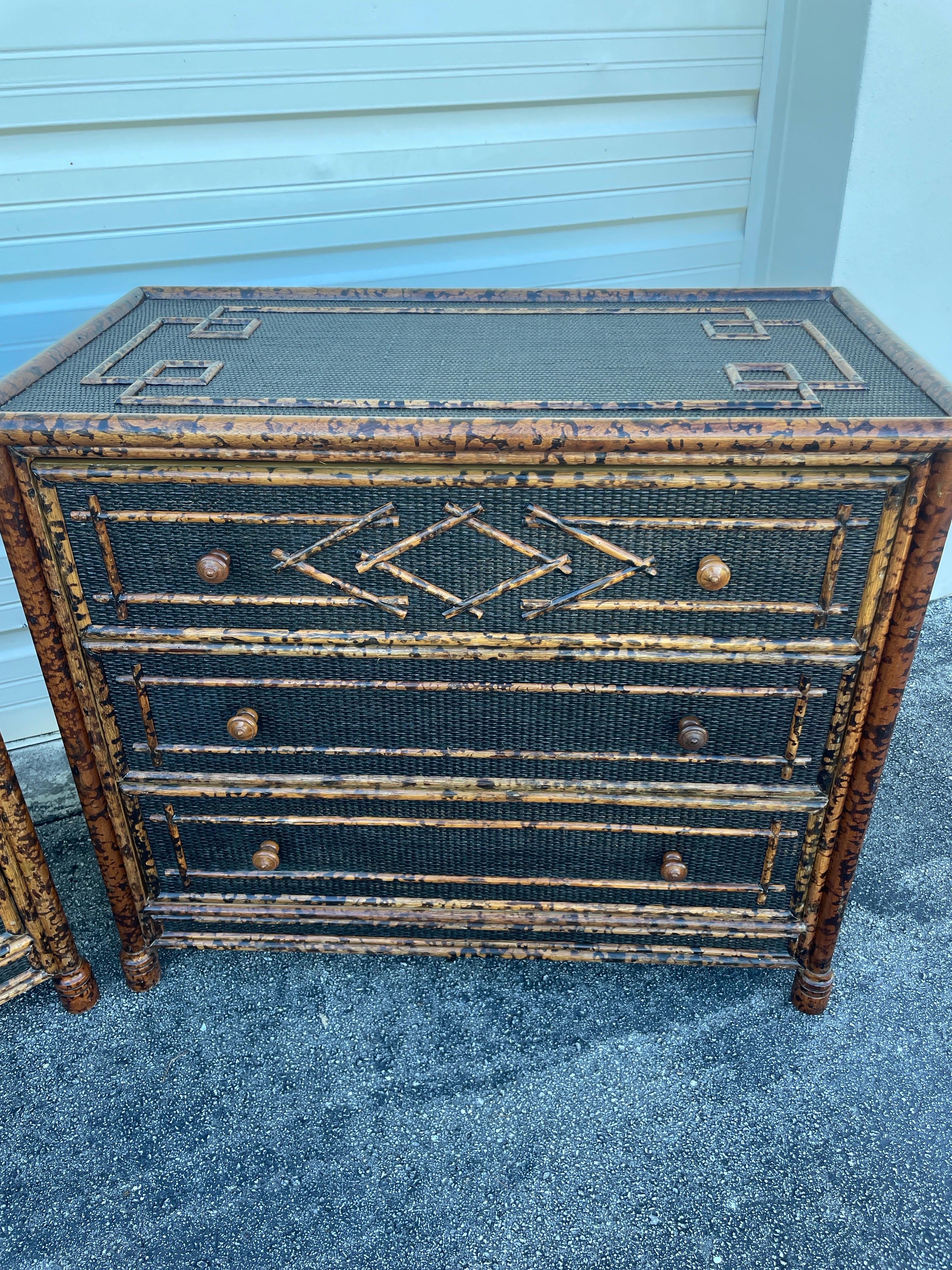 Pair of Vintage British Colonial Burnt Bamboo Dressers In Good Condition For Sale In West Palm Beach, FL