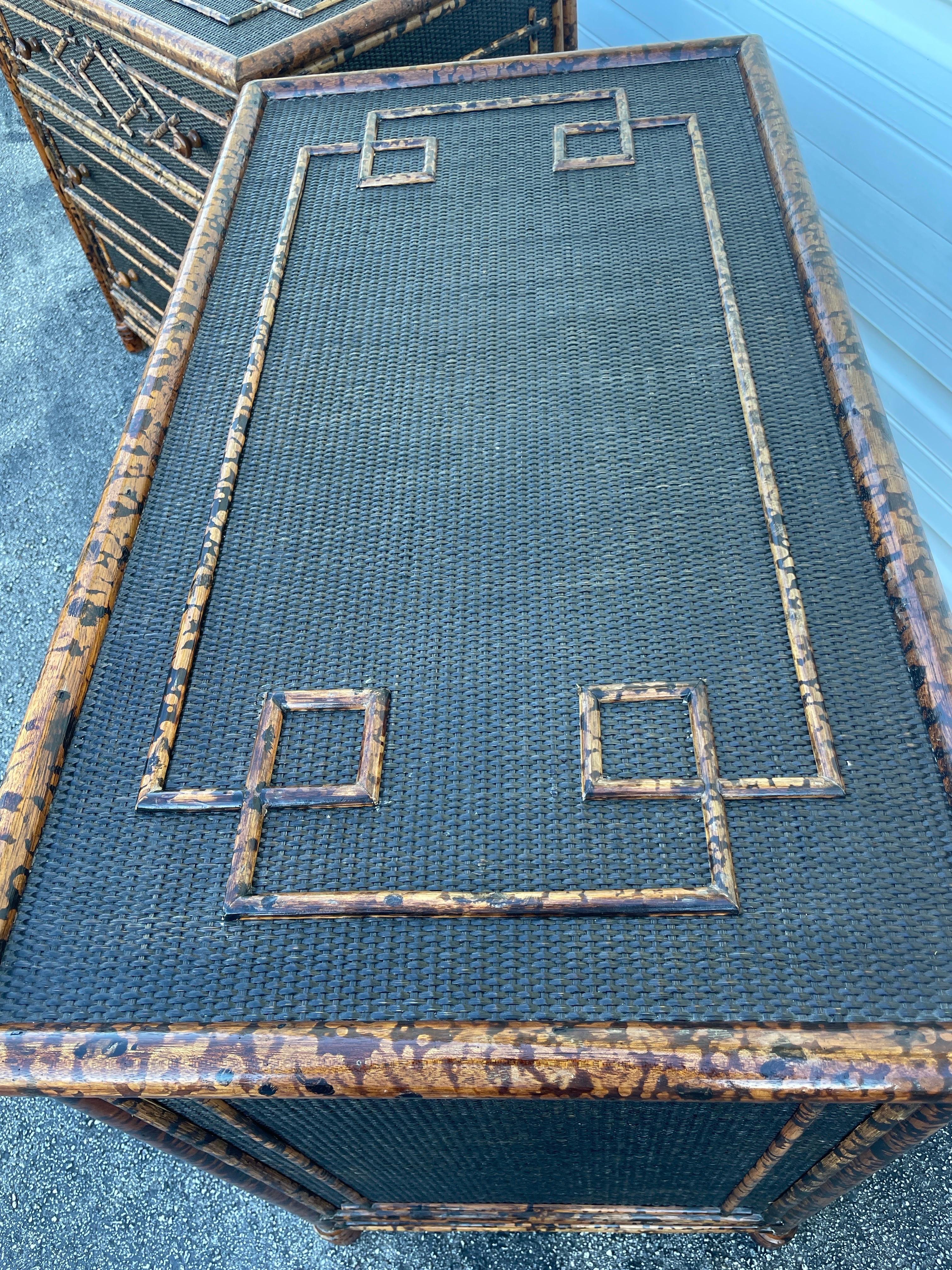 Pair of Vintage British Colonial Burnt Bamboo Dressers For Sale 1