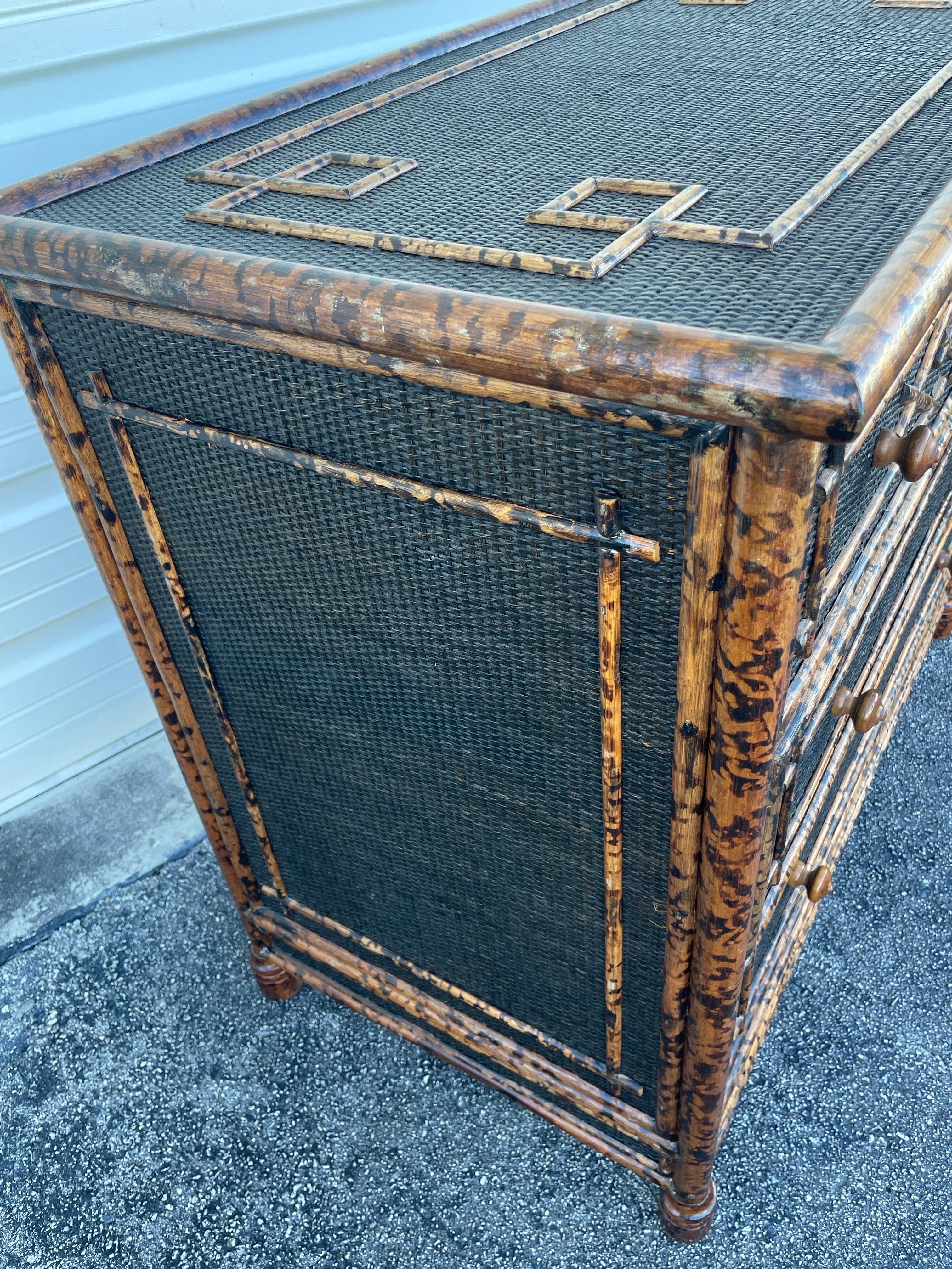 Pair of Vintage British Colonial Burnt Bamboo Dressers For Sale 2