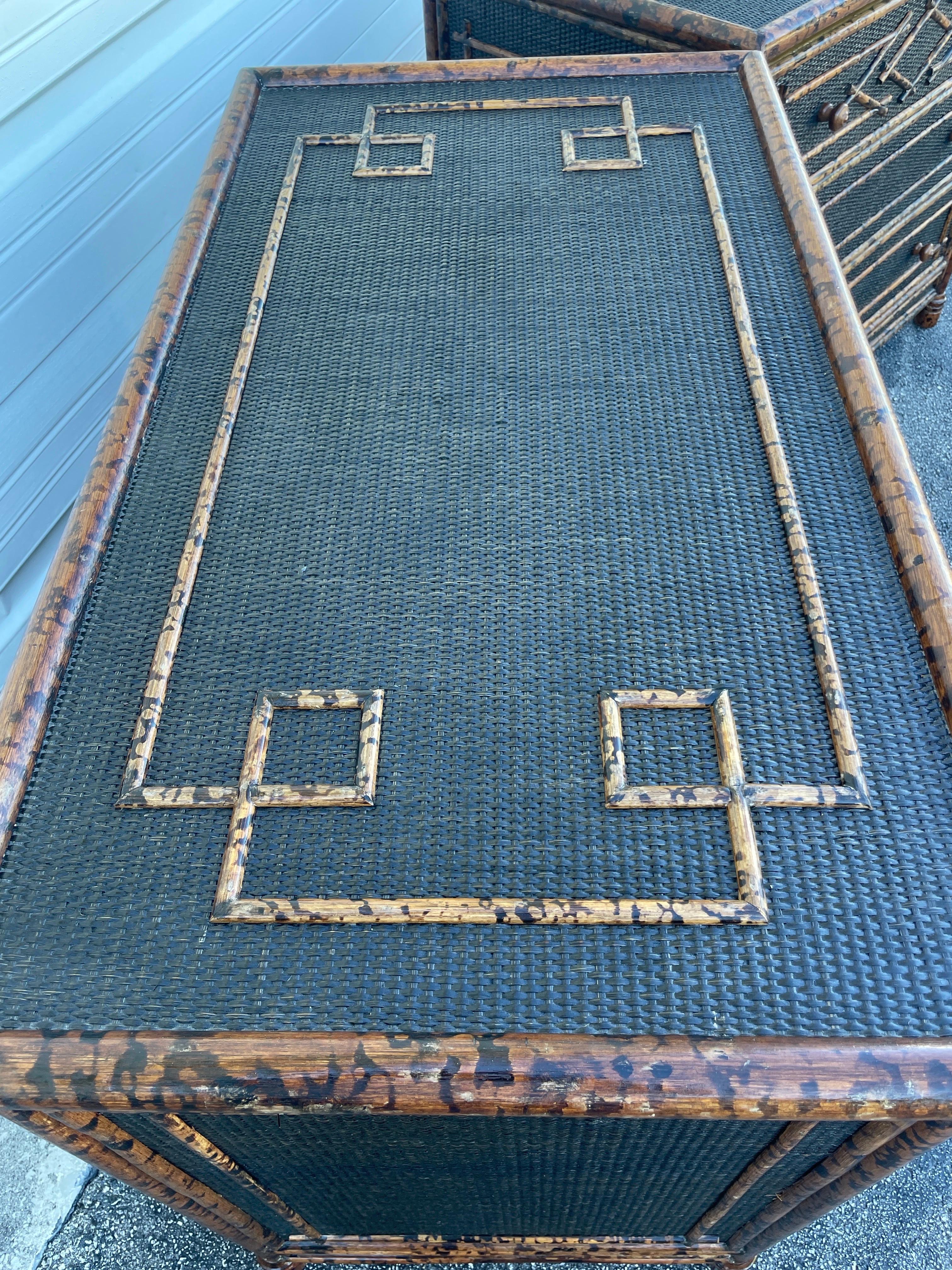 Pair of Vintage British Colonial Burnt Bamboo Dressers For Sale 3