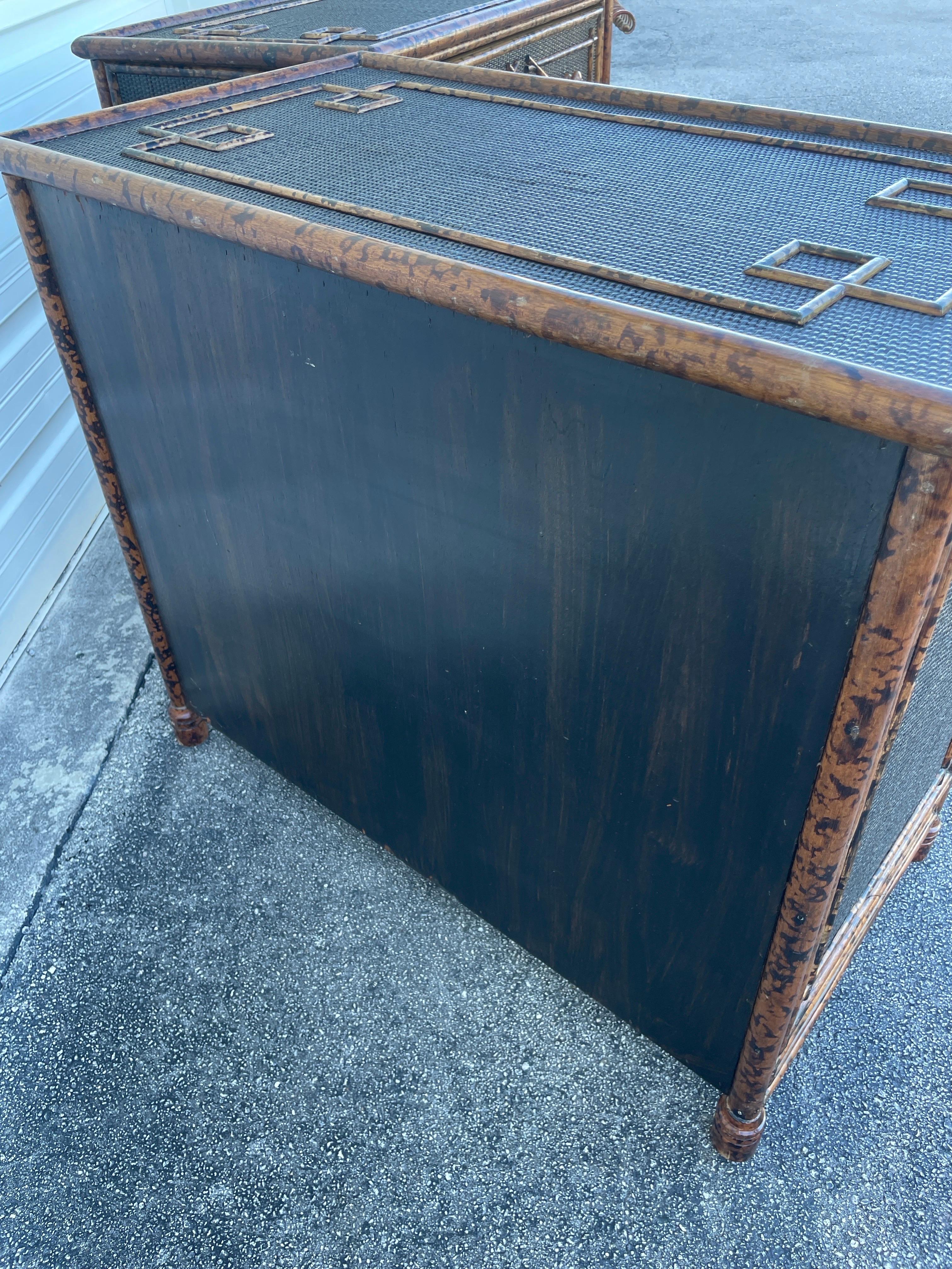 Pair of Vintage British Colonial Burnt Bamboo Dressers For Sale 4