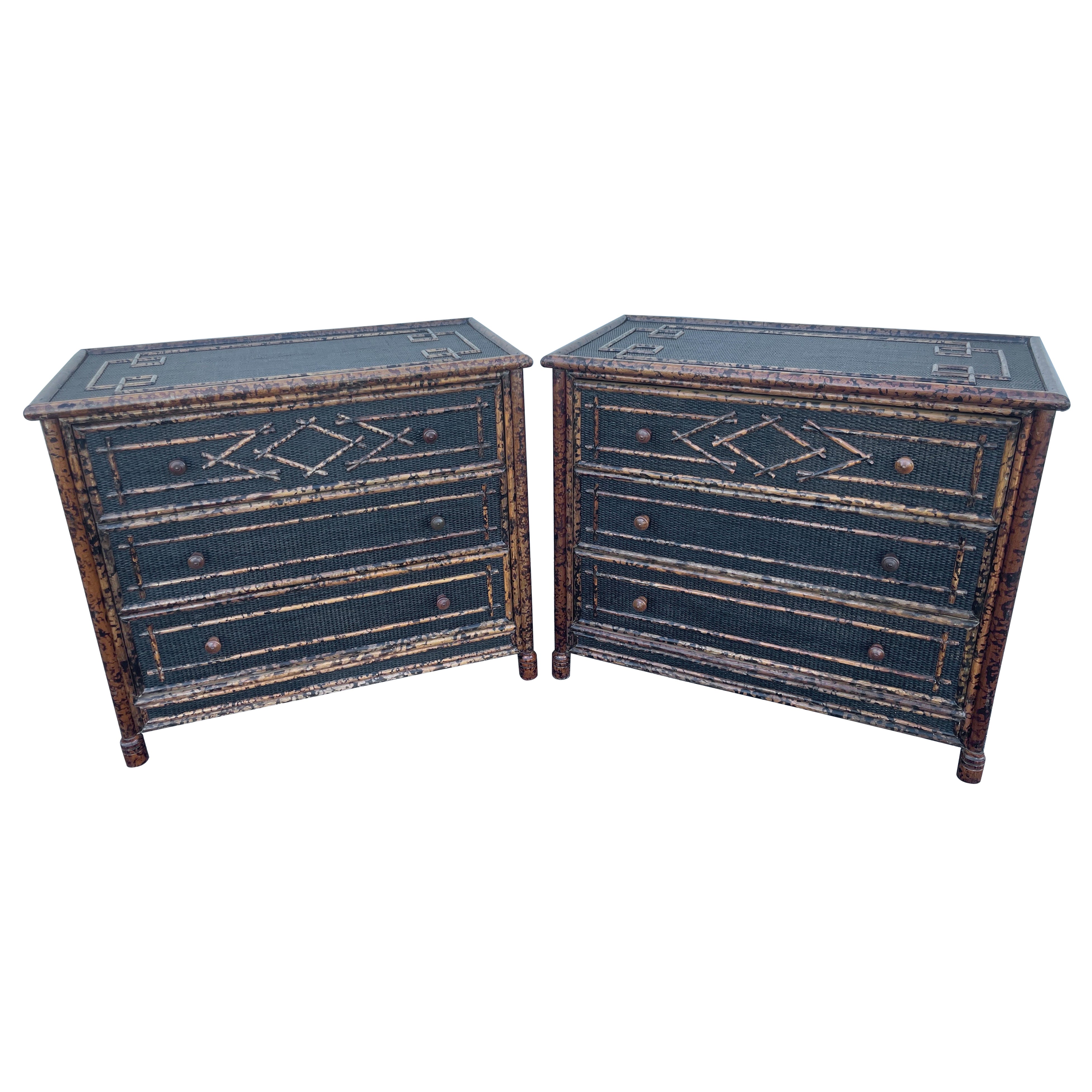 Pair of Vintage British Colonial Burnt Bamboo Dressers