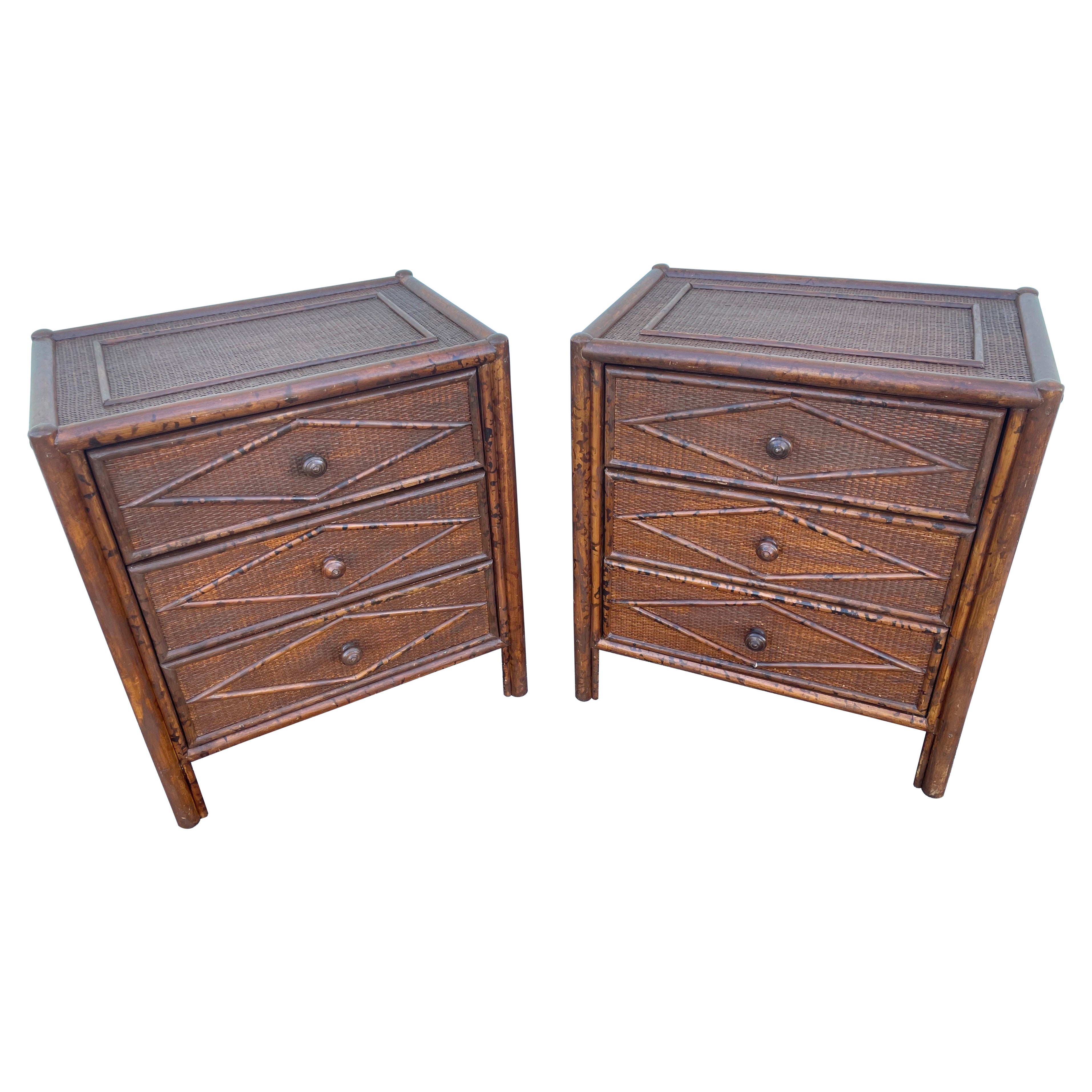 Pair of Vintage British Colonial Burnt Bamboo & Grass Cloth Nightstands