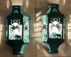 Pair of Vintage British Colonial Style Elephant & Palm Tree Wall Sconces