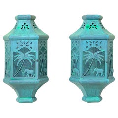 Pair of Vintage British Colonial Style Elephant & Palm Tree Wall Sconces