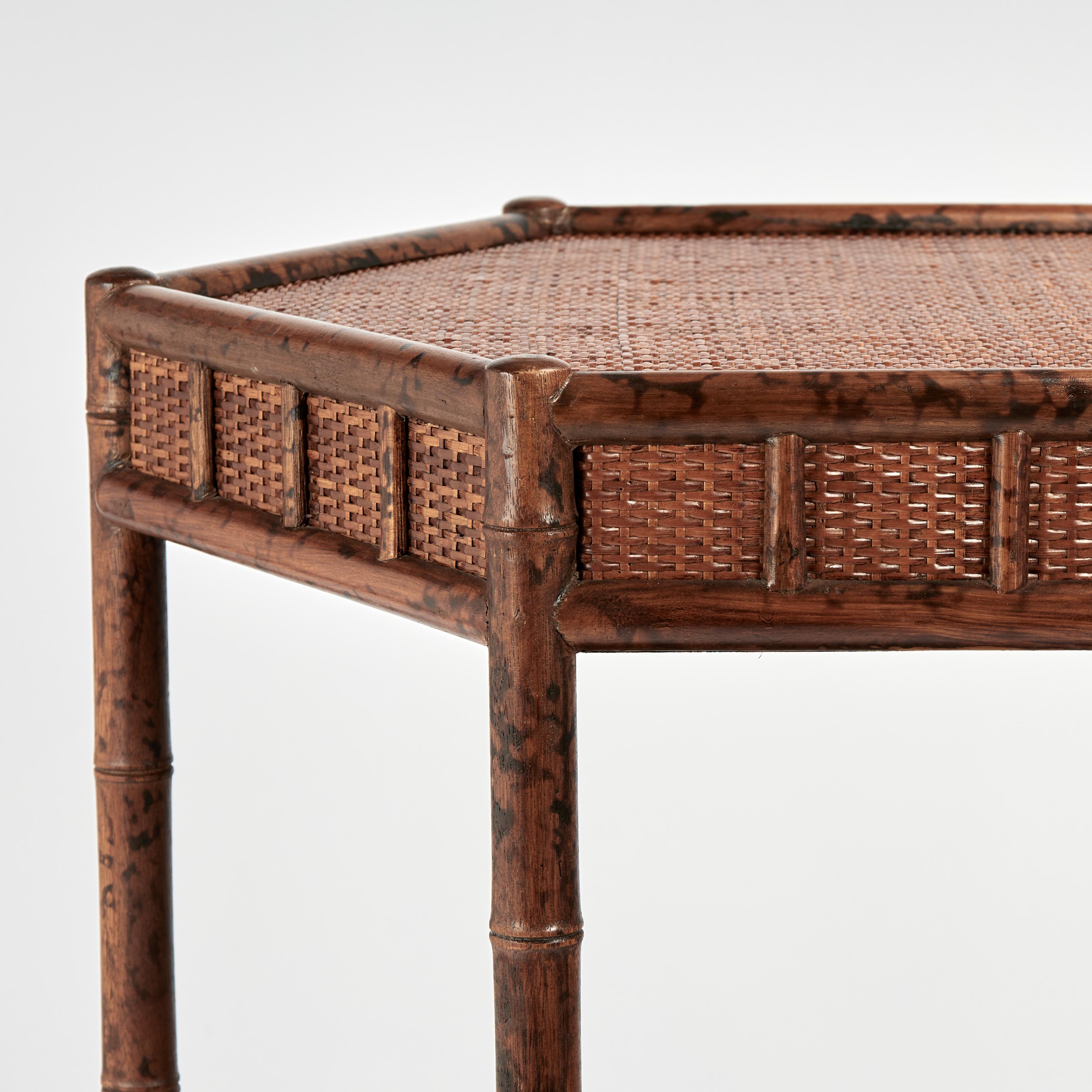 Hand-Crafted Pair of Vintage British Colonial Style Faux Bamboo and Grasscloth Stands For Sale