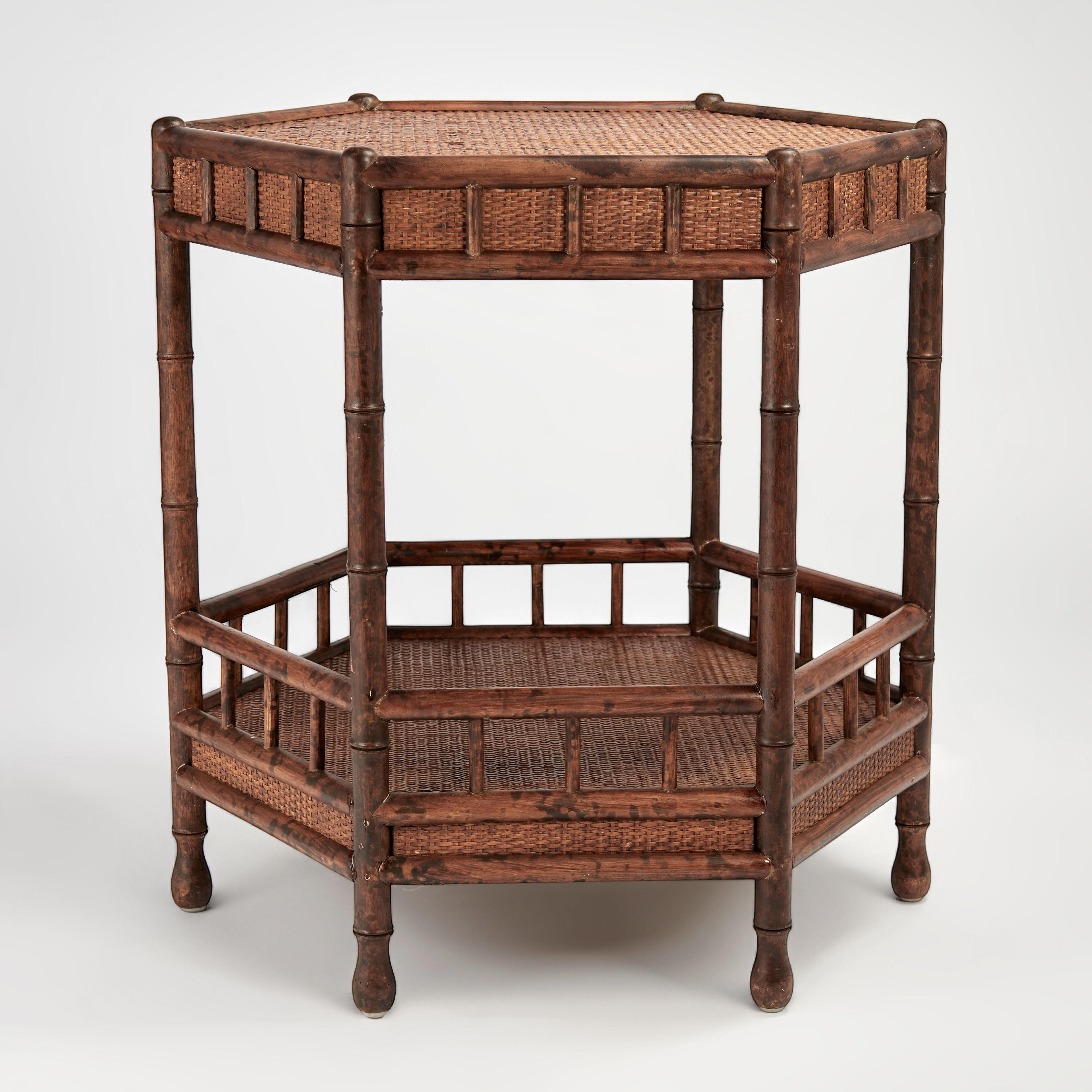 Pair of Vintage British Colonial Style Faux Bamboo and Grasscloth Stands For Sale 2