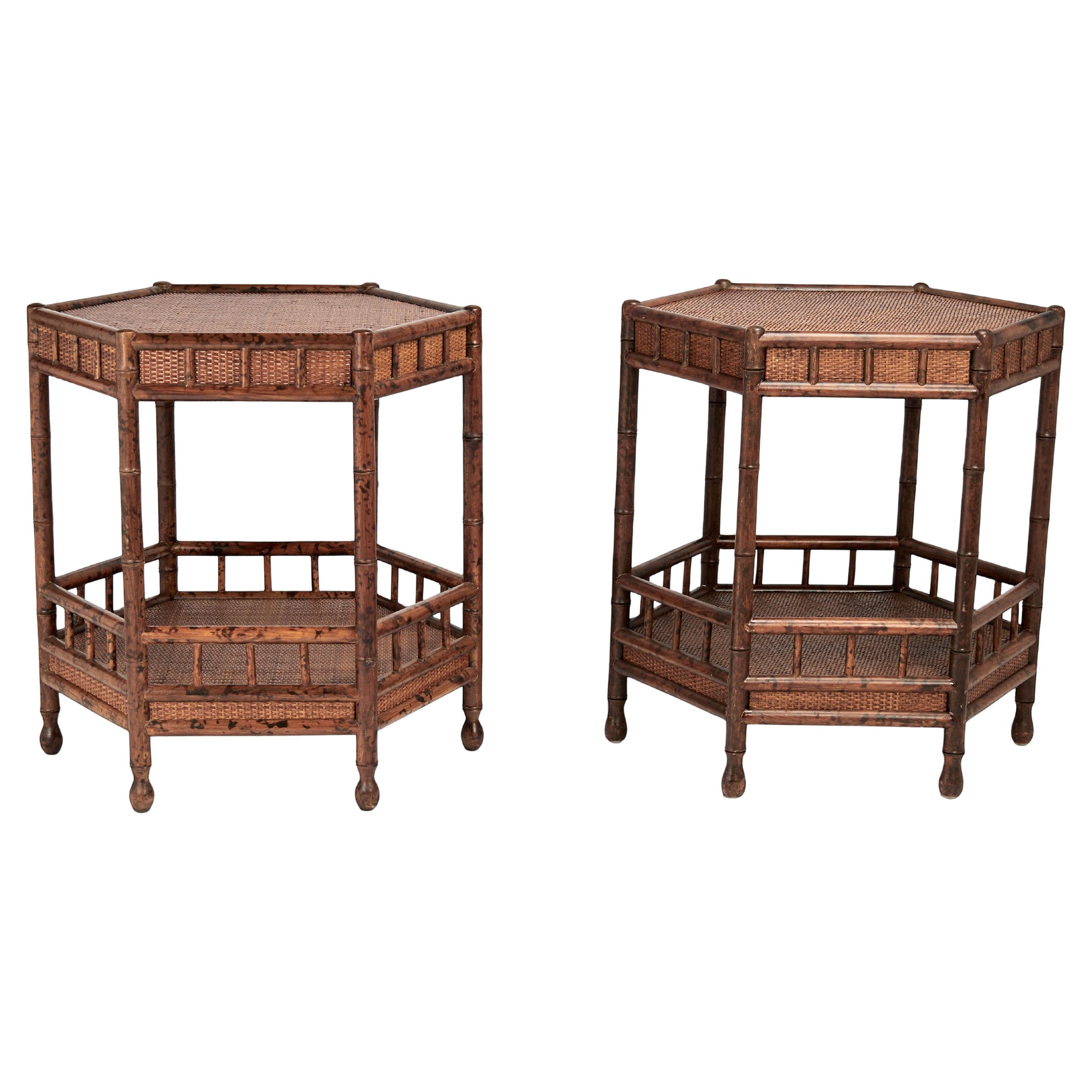 Pair of Vintage British Colonial Style Faux Bamboo and Grasscloth Stands