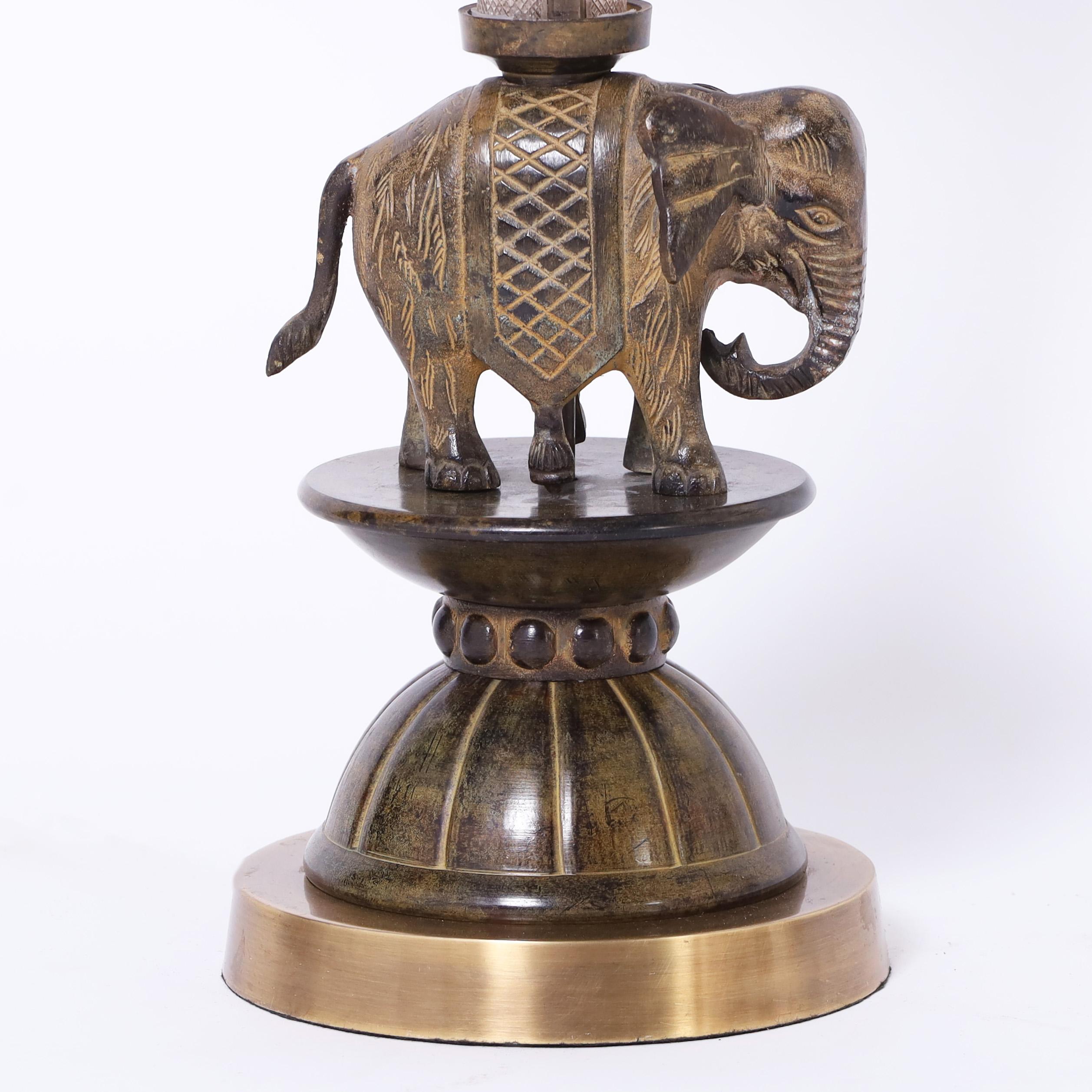 Bronze Pair of Vintage British Colonial Style Table Lamps with Elephants