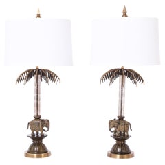 Paire de lampes de table vintage de style British Colonial avec éléphants