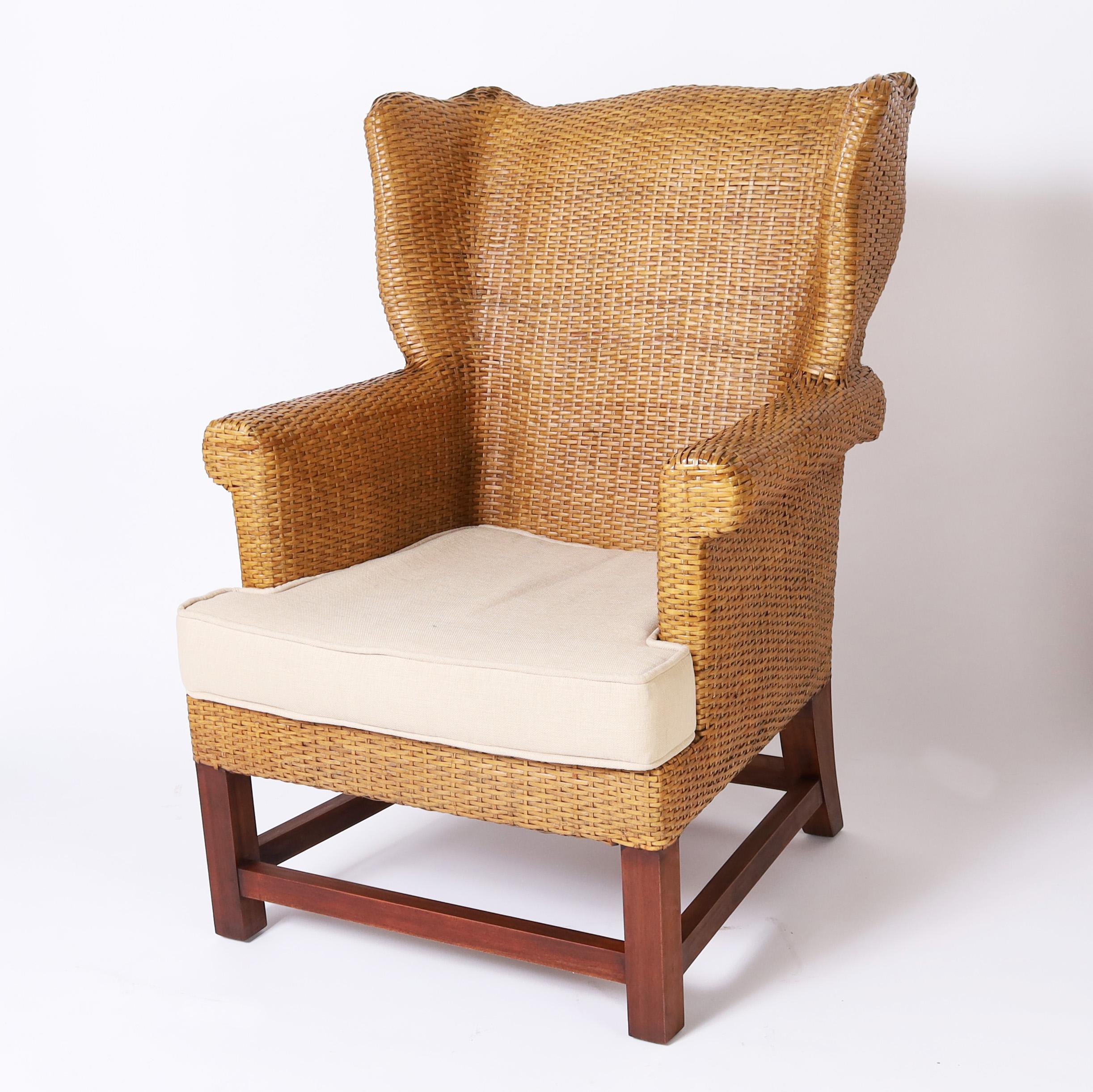 American Pair of Vintage British Colonial Style Woven Reed Wingback Armchairs For Sale