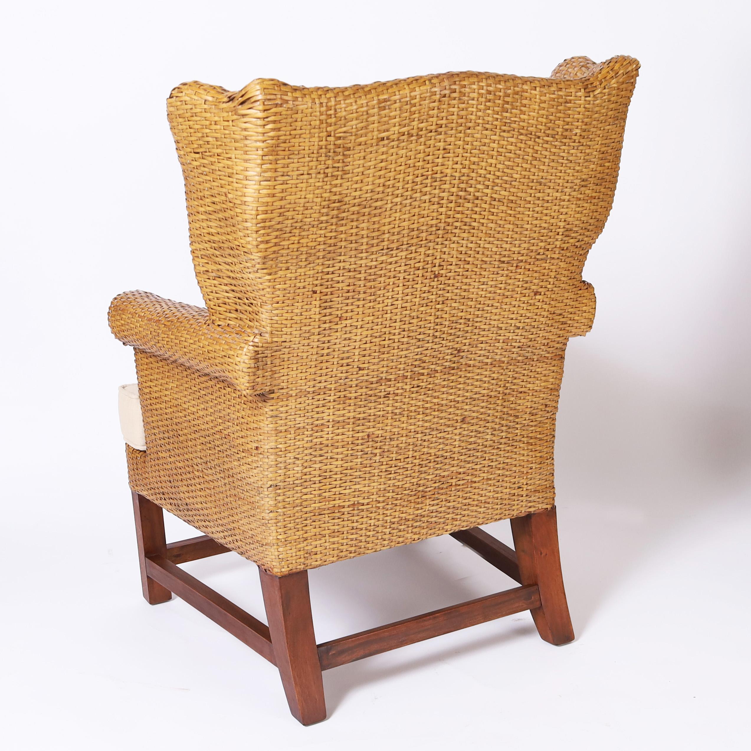 Pair of Vintage British Colonial Style Woven Reed Wingback Armchairs In Good Condition For Sale In Palm Beach, FL