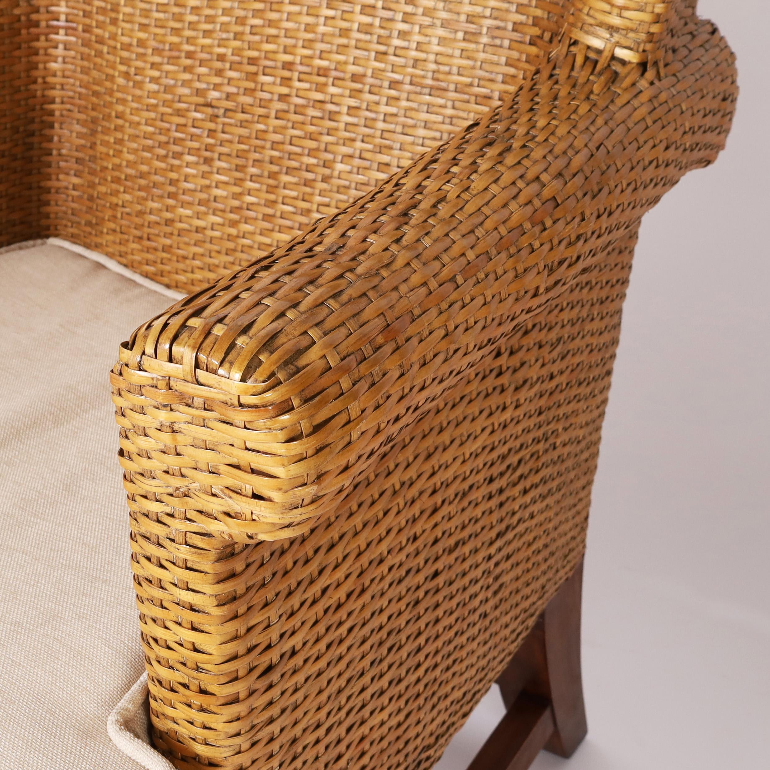 Pair of Vintage British Colonial Style Woven Reed Wingback Armchairs For Sale 1