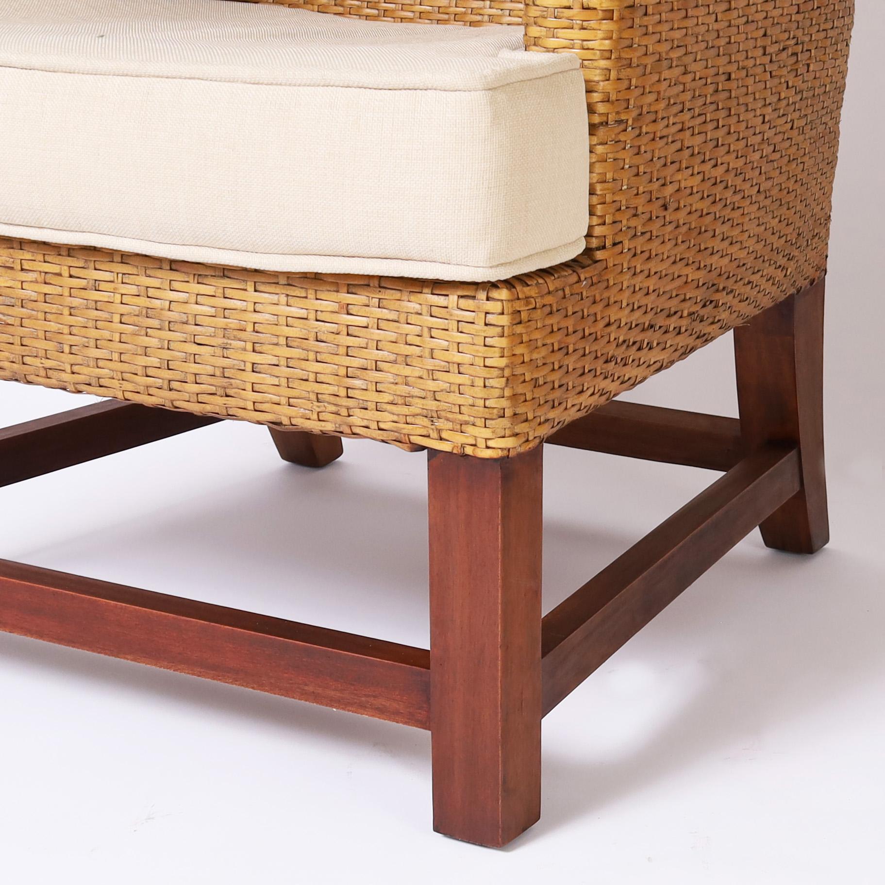 Pair of Vintage British Colonial Style Woven Reed Wingback Armchairs For Sale 2
