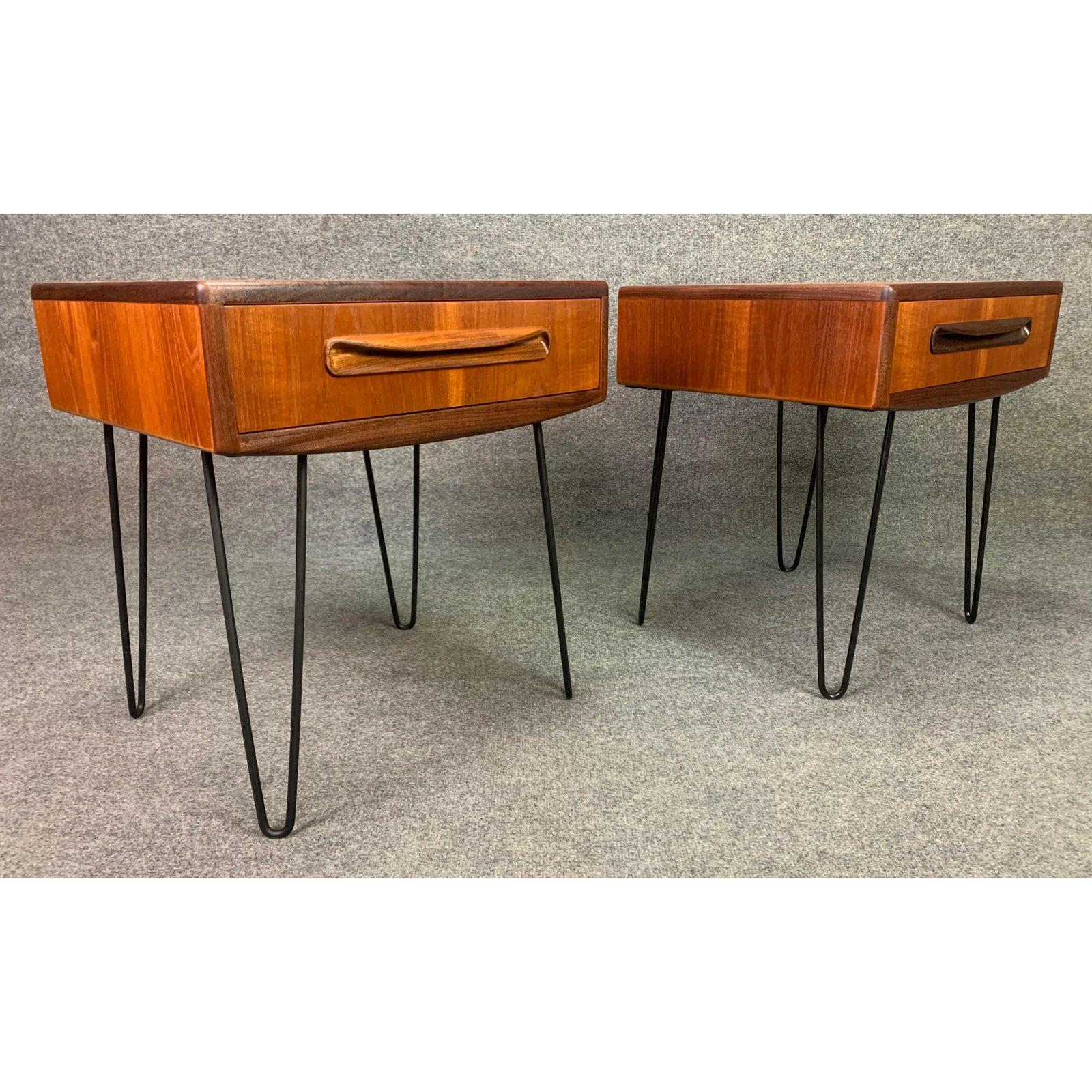 Here is a beautiful set of two 1960s Mid-Century Modern side tables - nightstands in teak wood designed by Victor Wilkins and manufactured by G Plan in England.
This pair, recently imported from UK to California before their restoration, features a