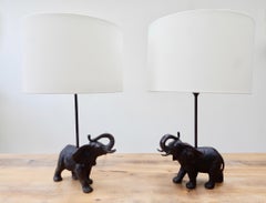 Pair of Vintage Bronze Black Patina Elephant Lamps