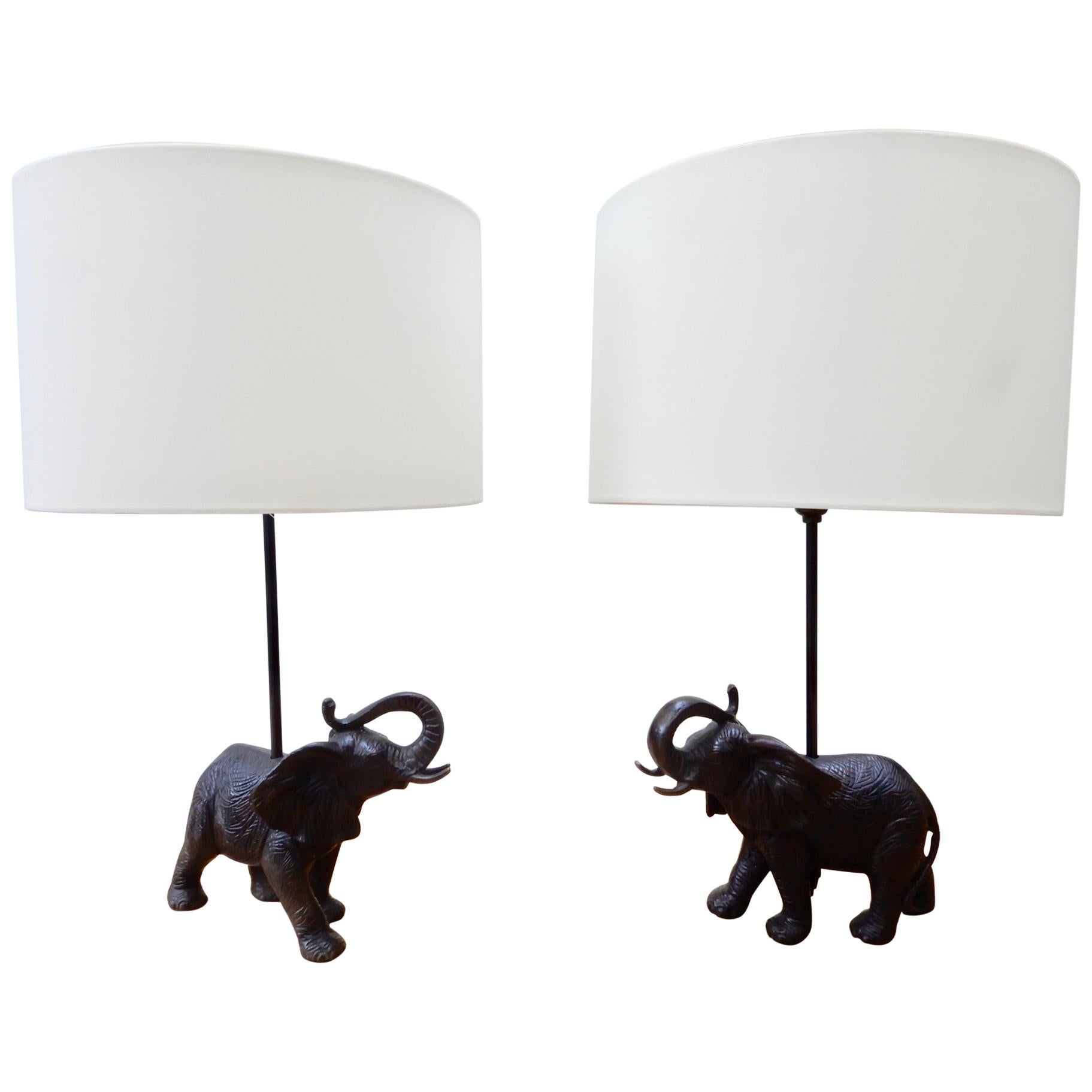 Pair of Vintage Bronze Black Patina Elephant Lamps For Sale