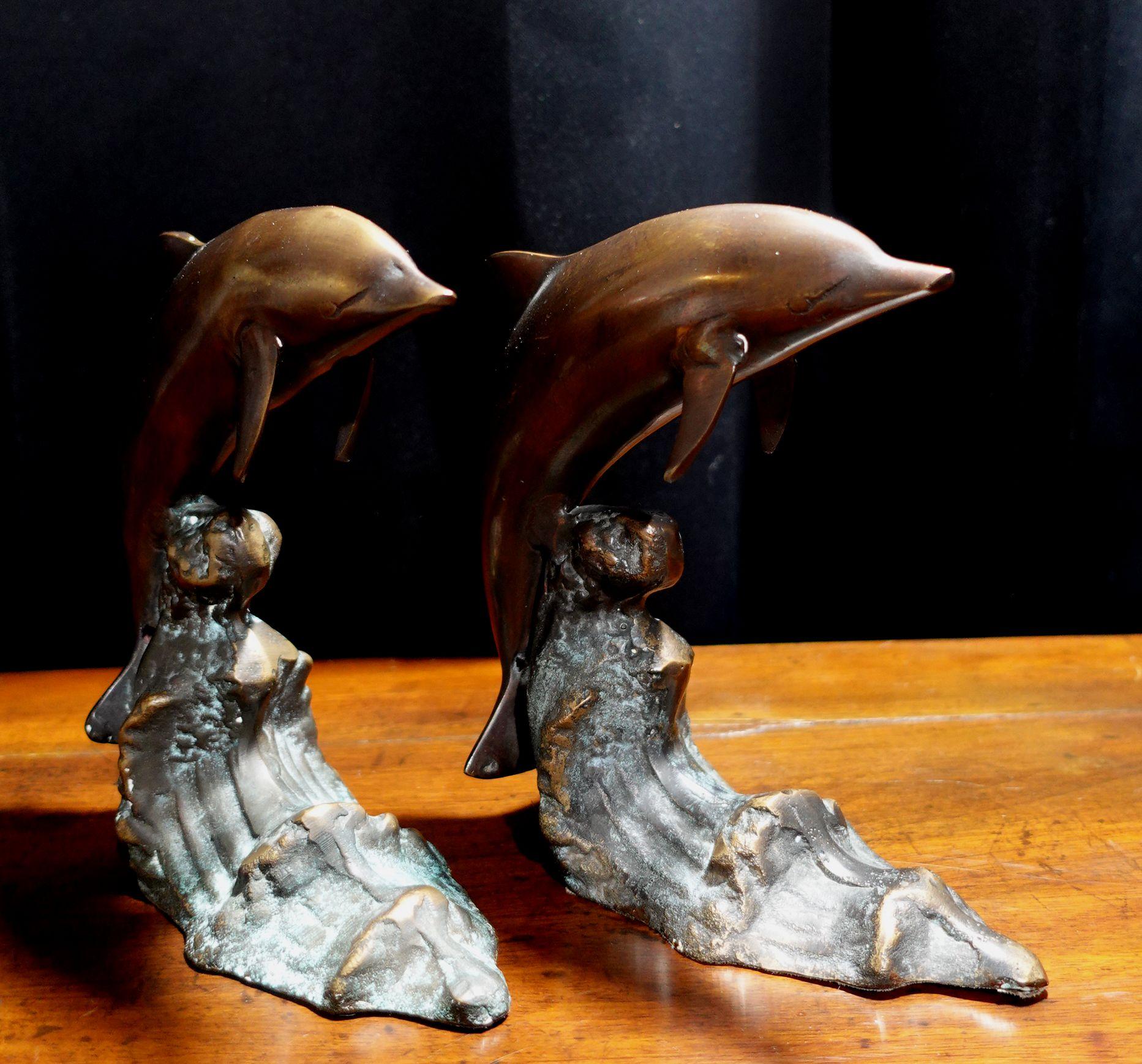 Pair of Vintage Bronze Bookend Dolphins For Sale 4