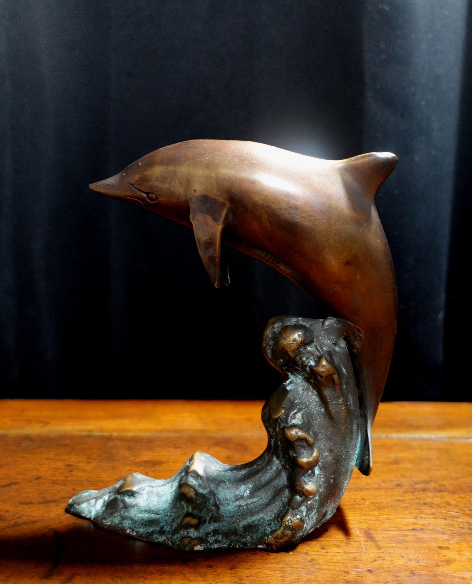 North American Pair of Vintage Bronze Bookend Dolphins For Sale