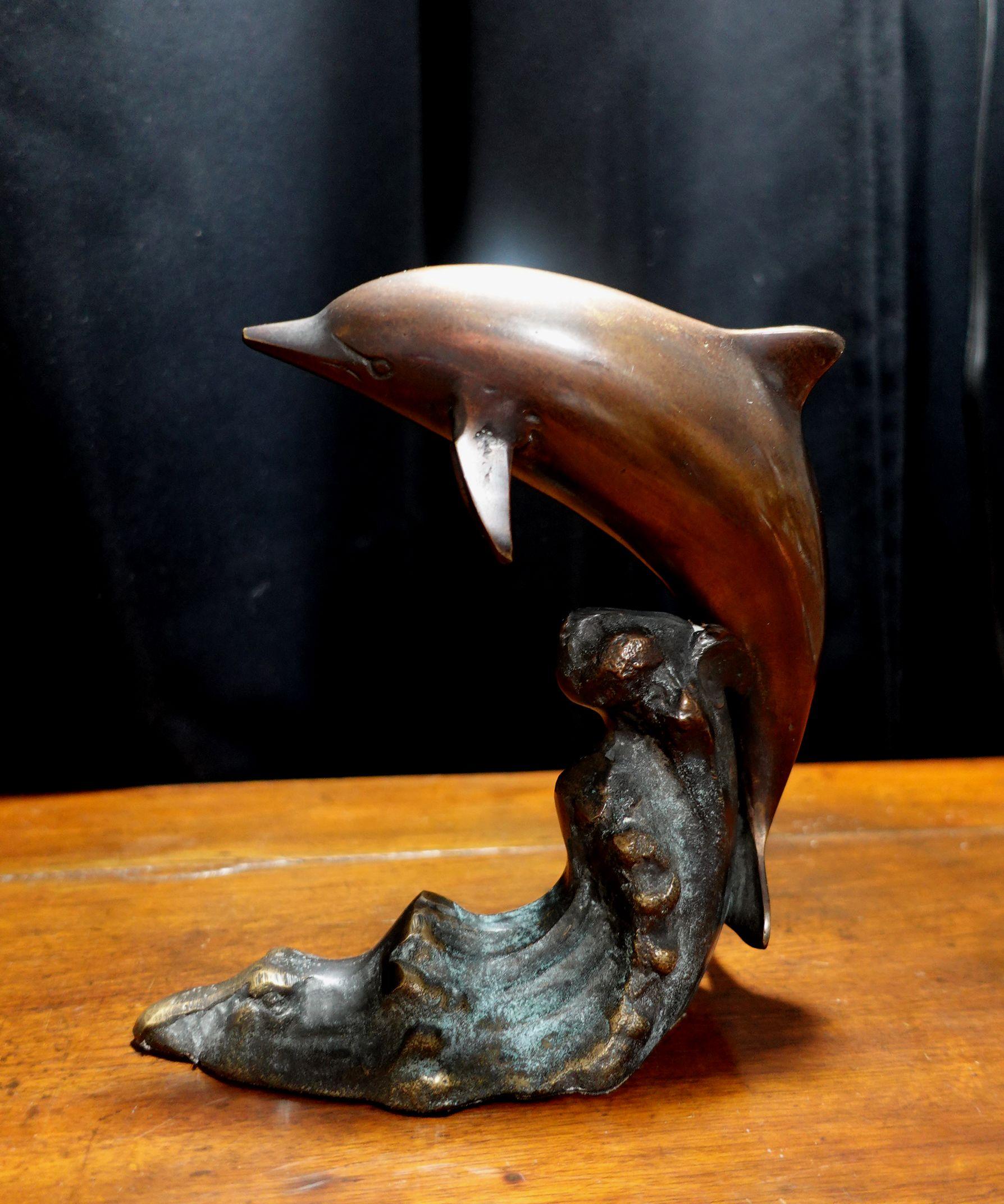 Cast Pair of Vintage Bronze Bookend Dolphins For Sale