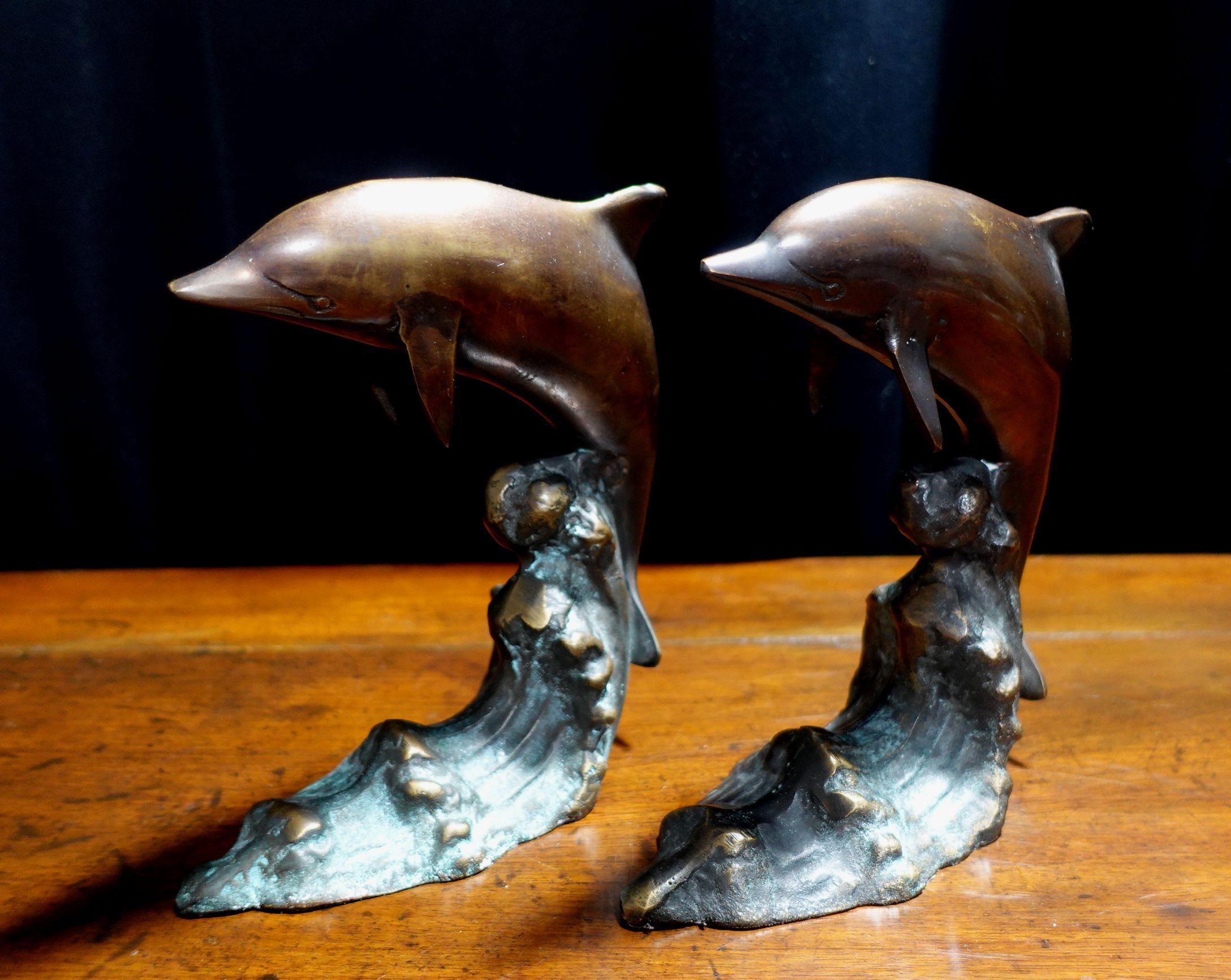 Pair of Vintage Bronze Bookend Dolphins In Good Condition For Sale In Norton, MA