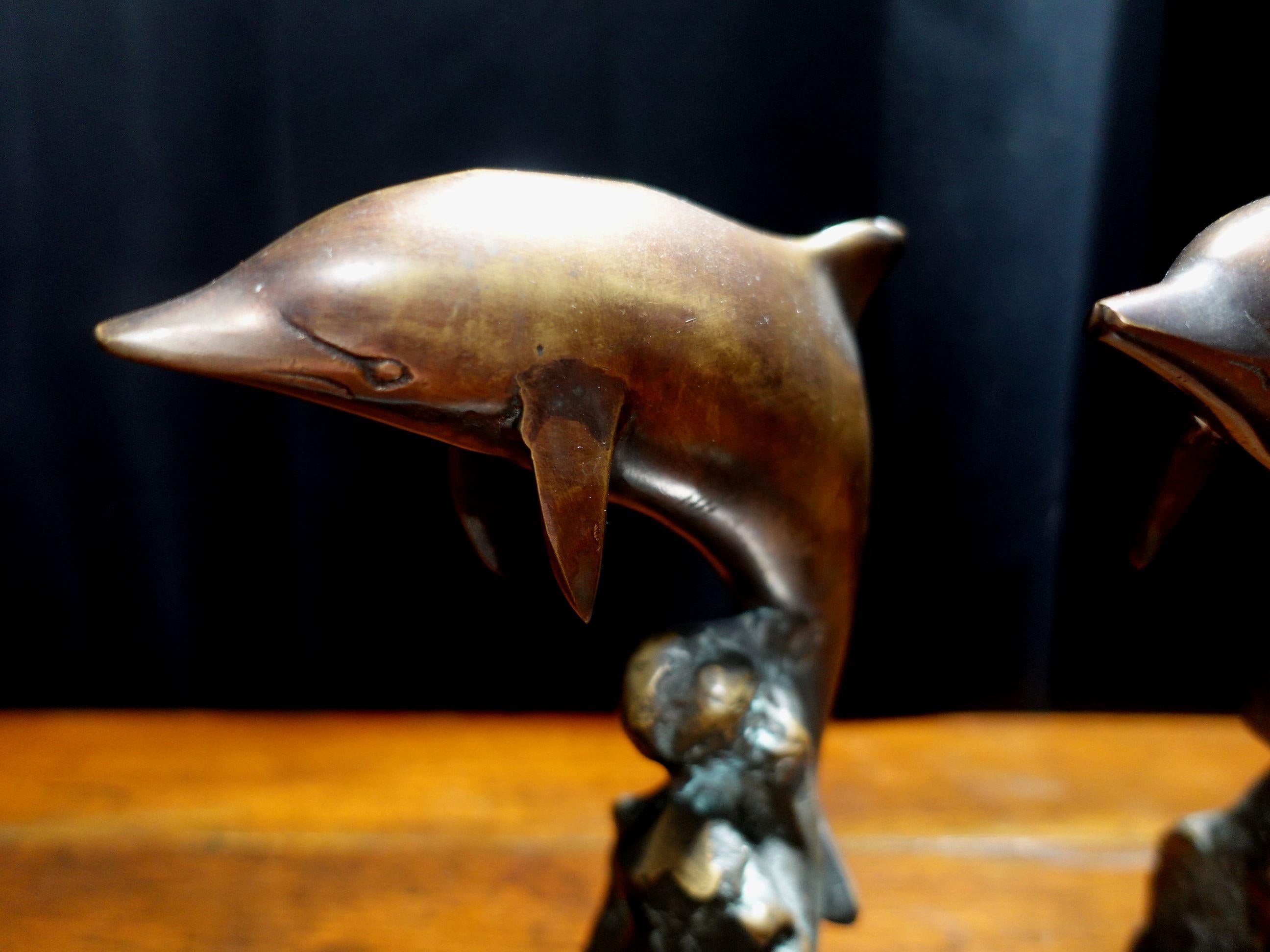 Pair of Vintage Bronze Bookend Dolphins For Sale 1