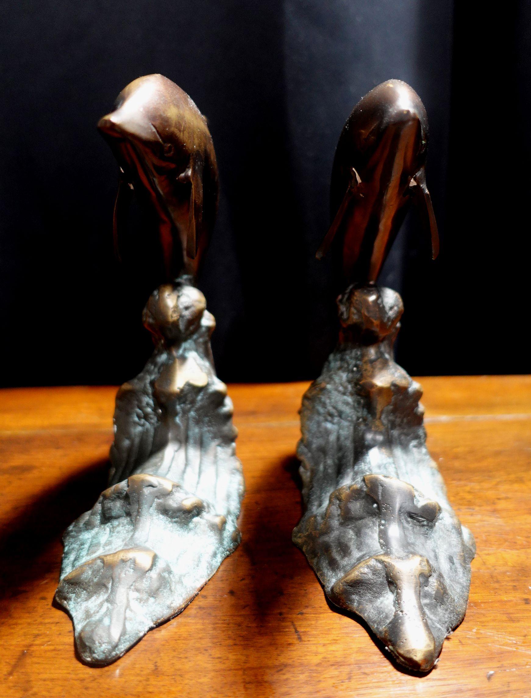 Pair of Vintage Bronze Bookend Dolphins For Sale 3