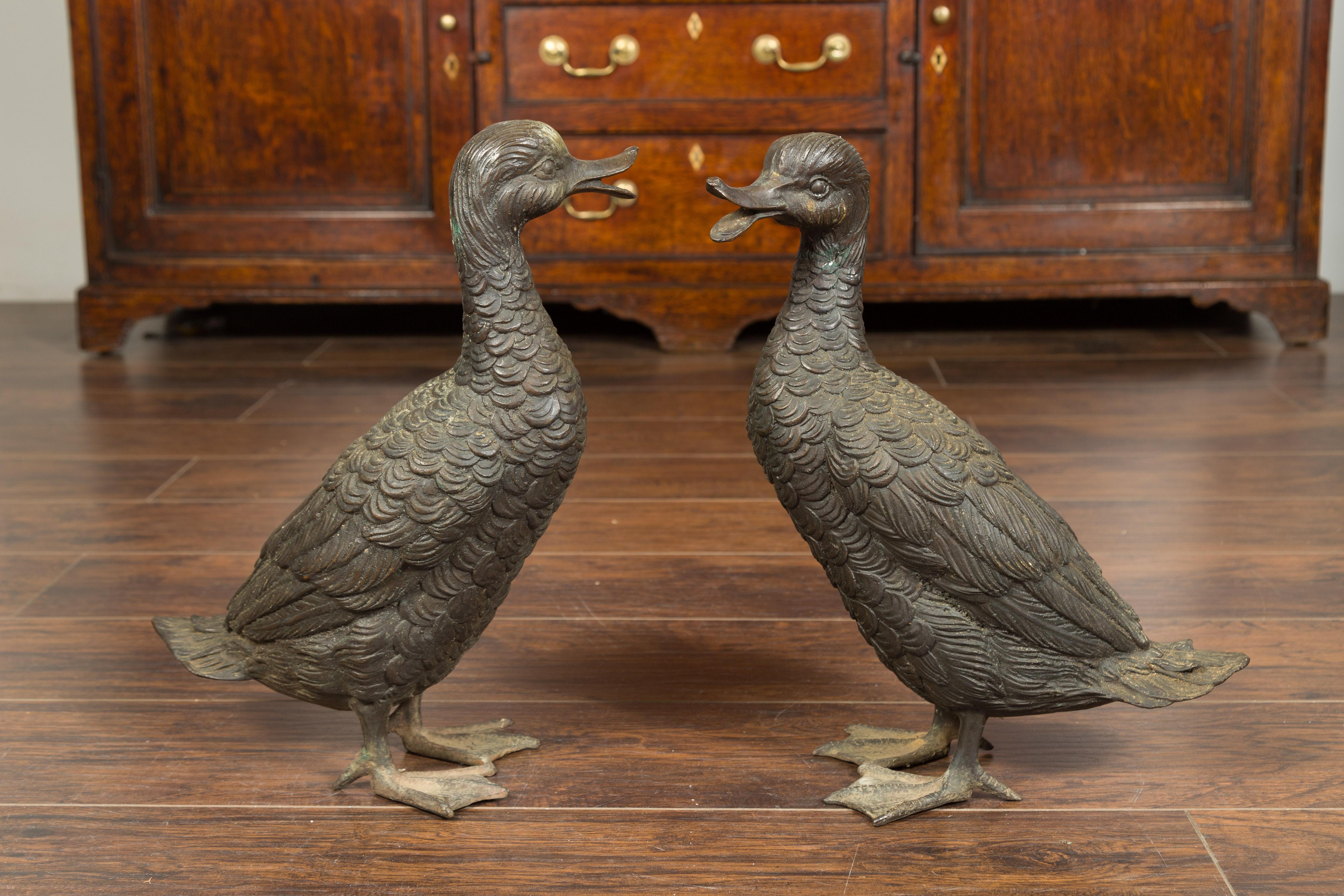 Pair of Vintage Bronze Ducks Standing on Their Palmed Feet, circa 1940 For Sale 3