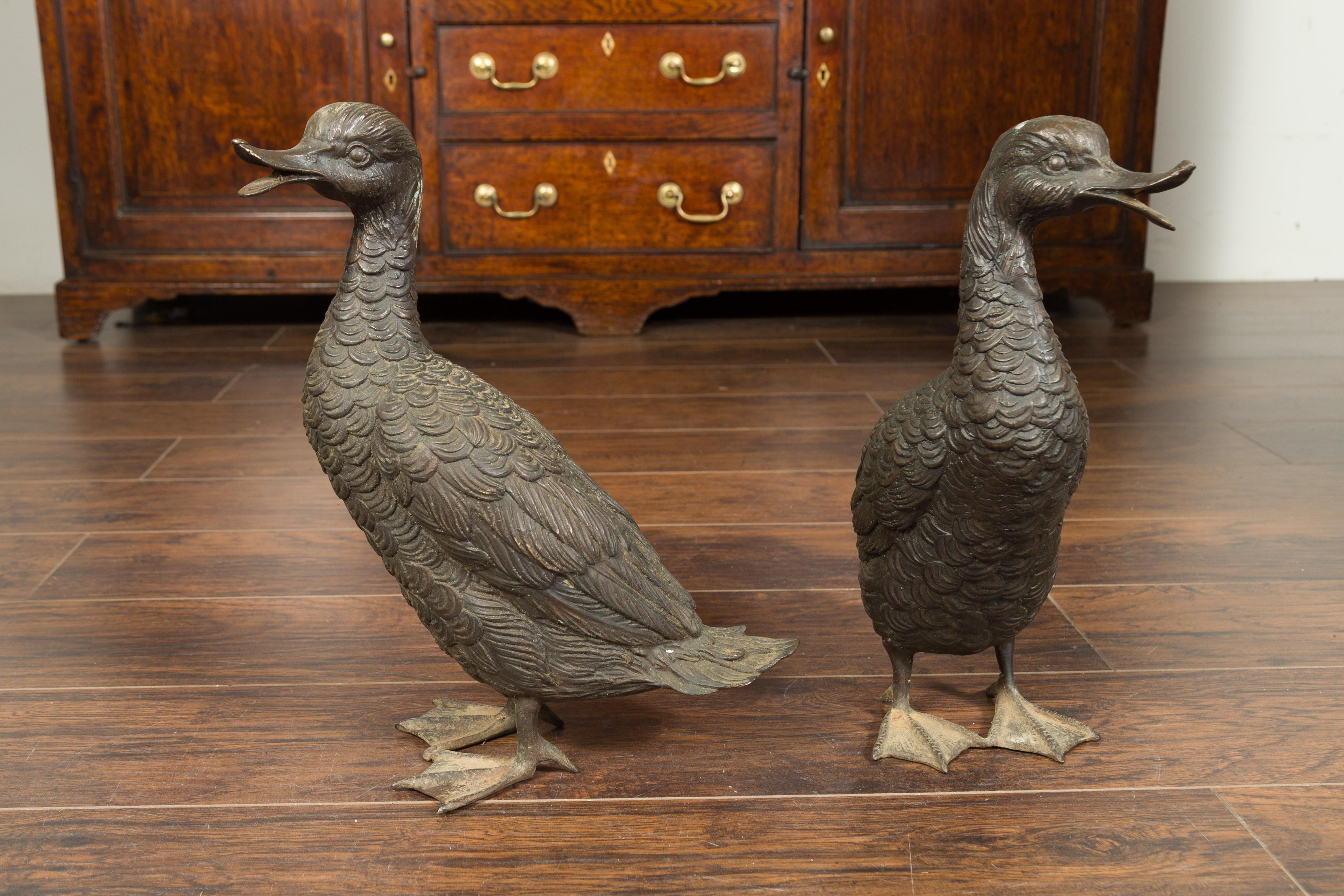 Pair of Vintage Bronze Ducks Standing on Their Palmed Feet, circa 1940 For Sale 6