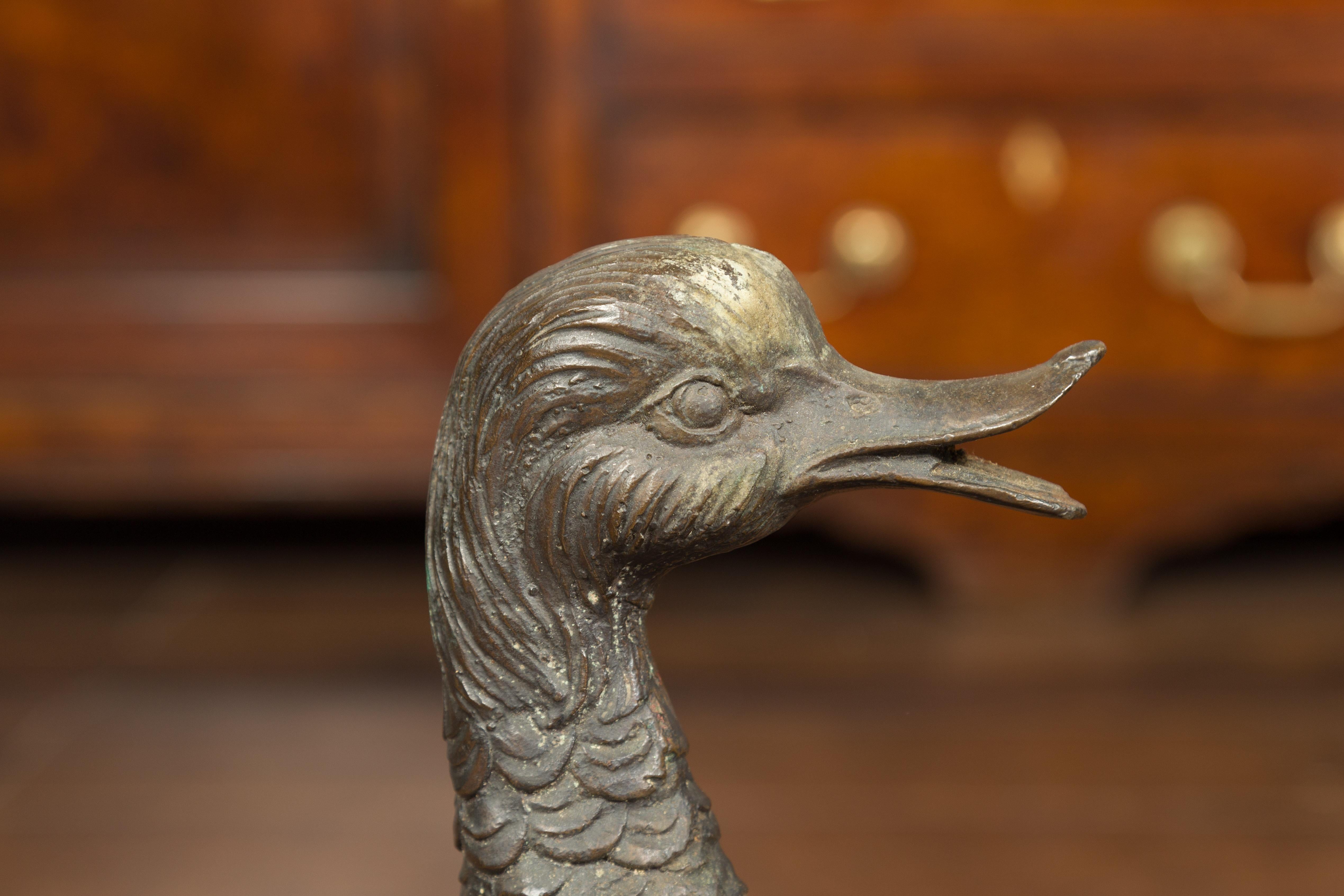 Pair of Vintage Bronze Ducks Standing on Their Palmed Feet, circa 1940 In Good Condition For Sale In Atlanta, GA