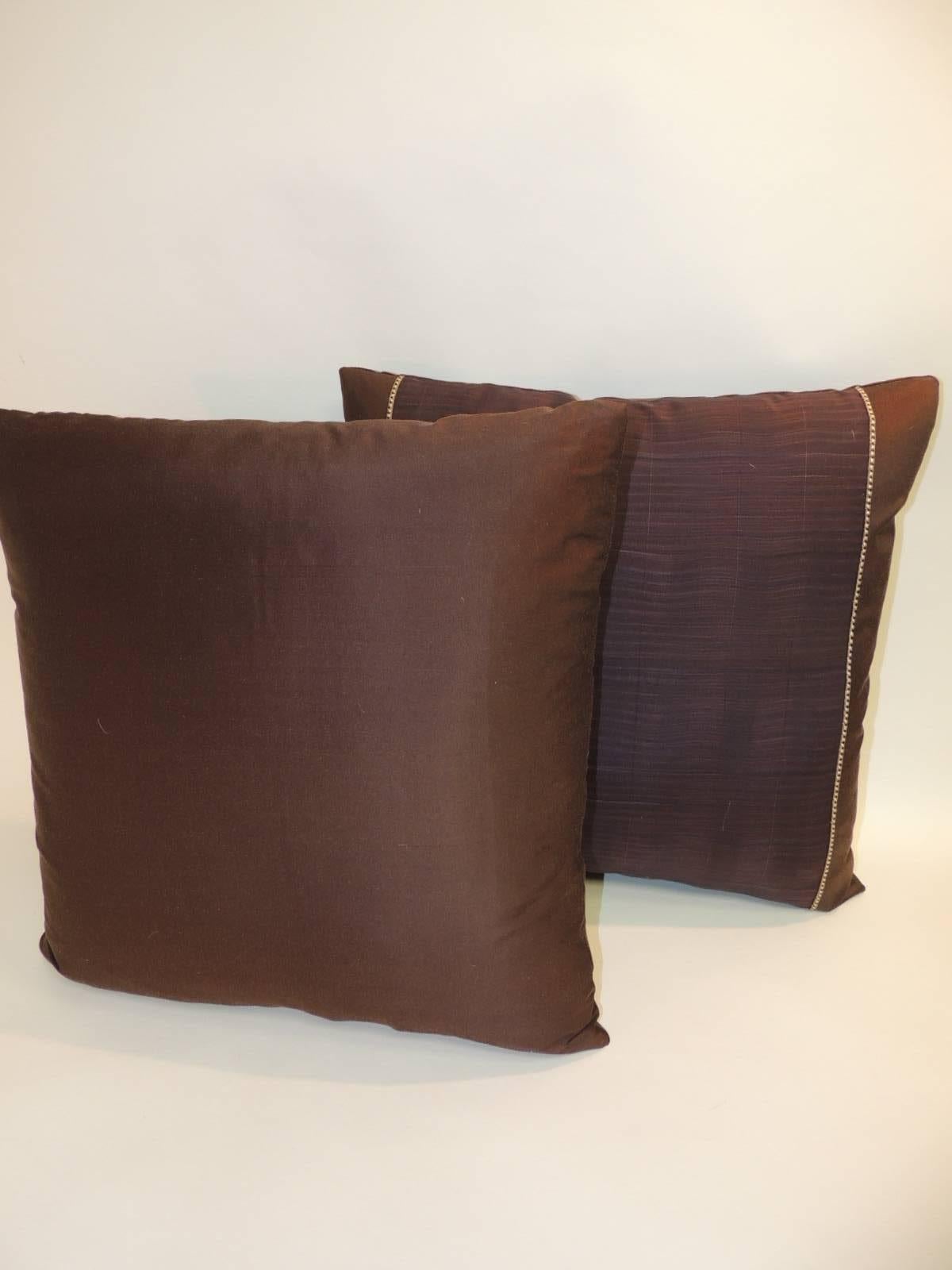 Japanese Pair of Vintage Brown and Purple Obi Woven Decorative Pillows