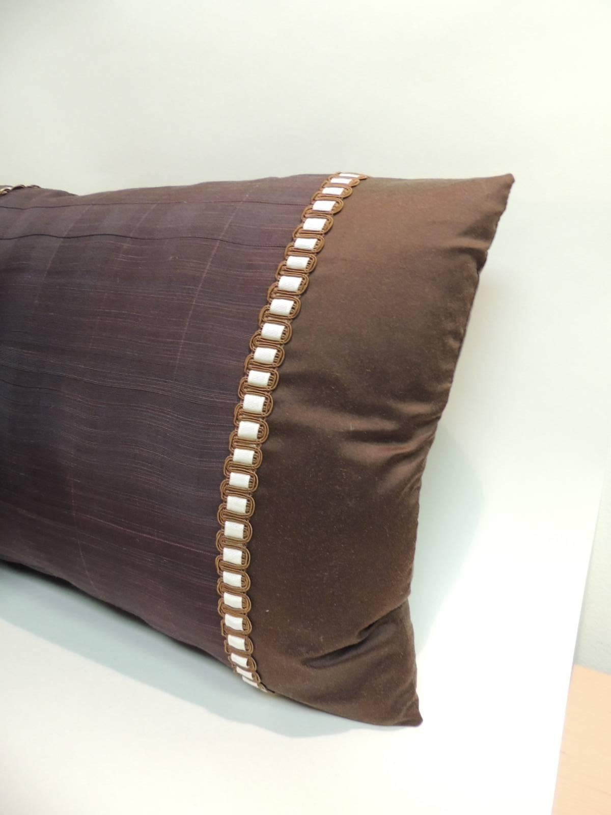 Japonisme Pair of Vintage Brown and Purple Obi Woven Textile Bolster Decorative Pillows