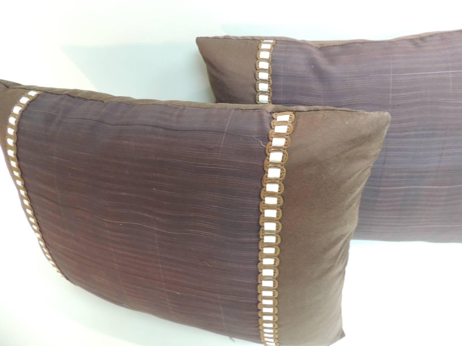 Japanese Pair of Vintage Brown and Purple Obi Woven Textile Bolster Decorative Pillows