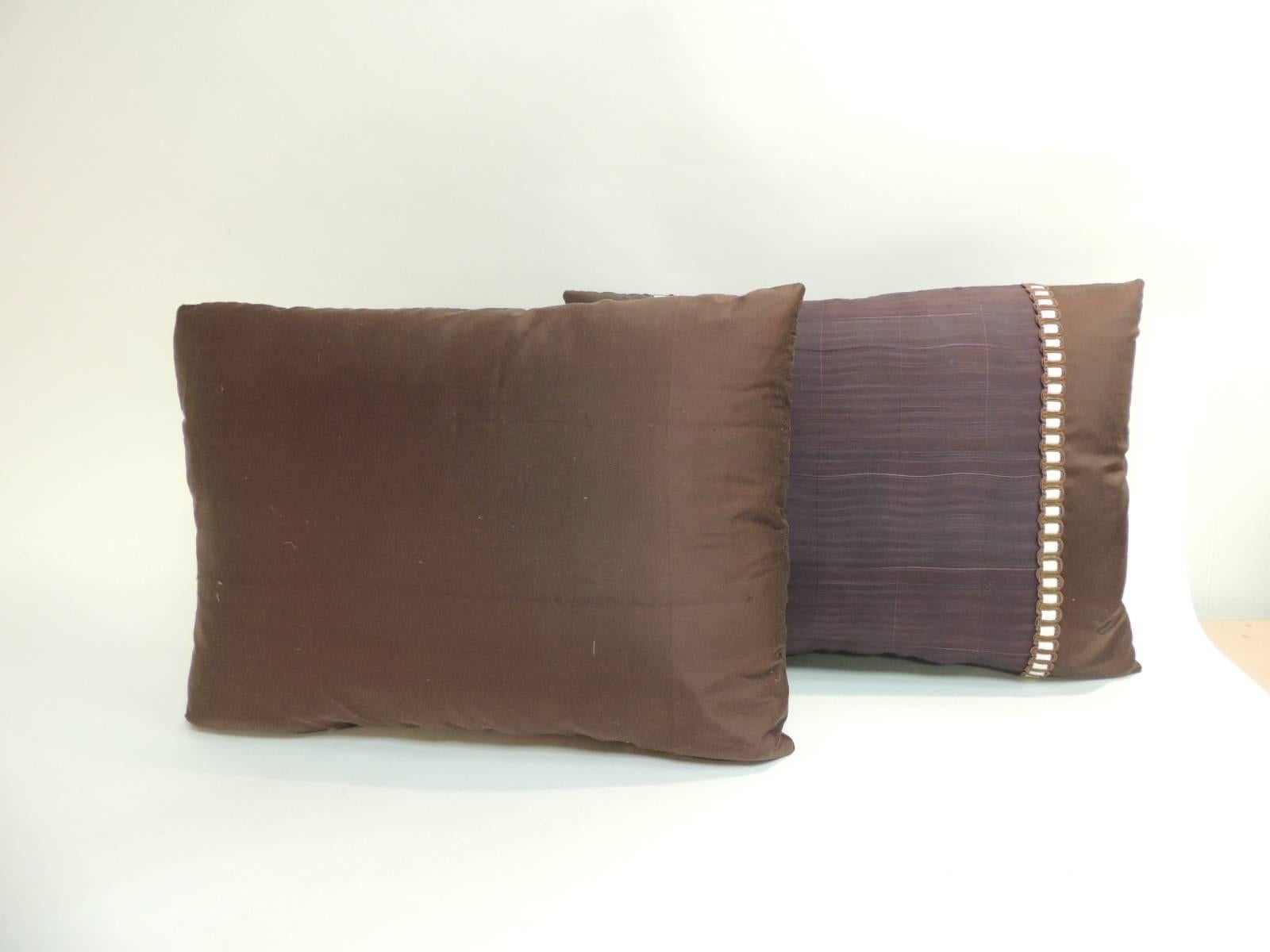 Hand-Crafted Pair of Vintage Brown and Purple Obi Woven Textile Bolster Decorative Pillows