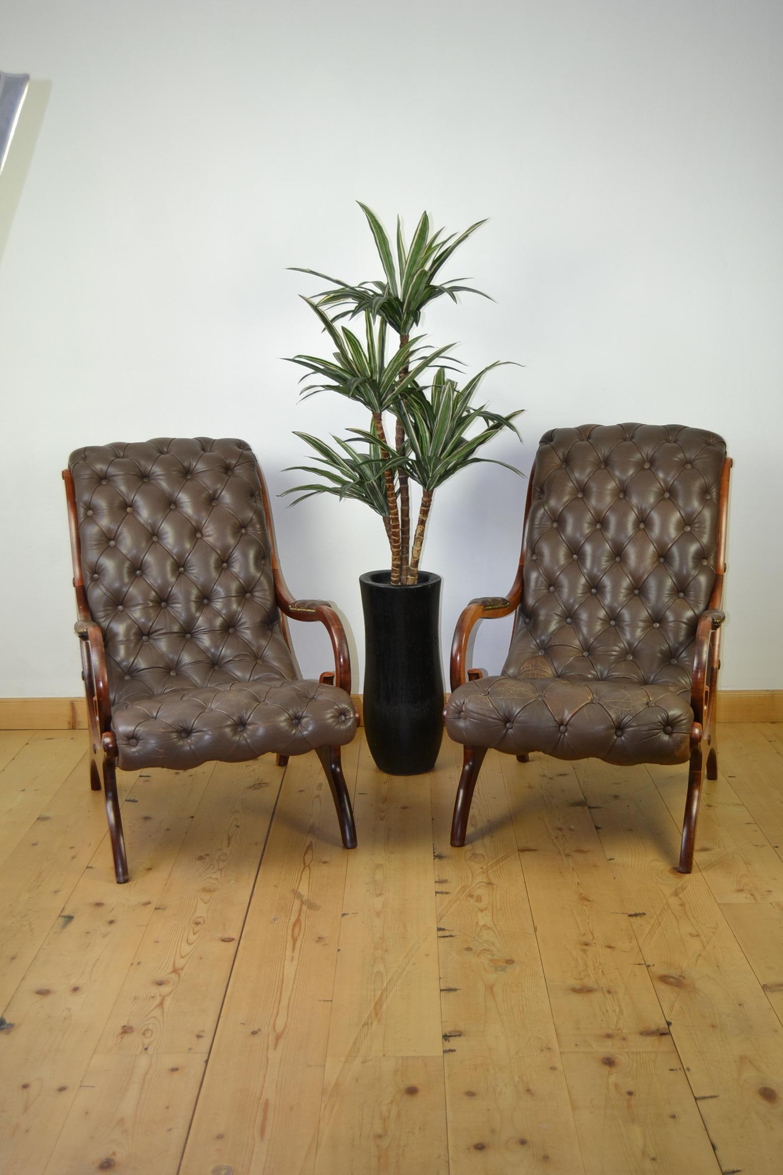 Pair of Vintage Brown Armchairs, Lounge Chairs Chesterfield Style 10