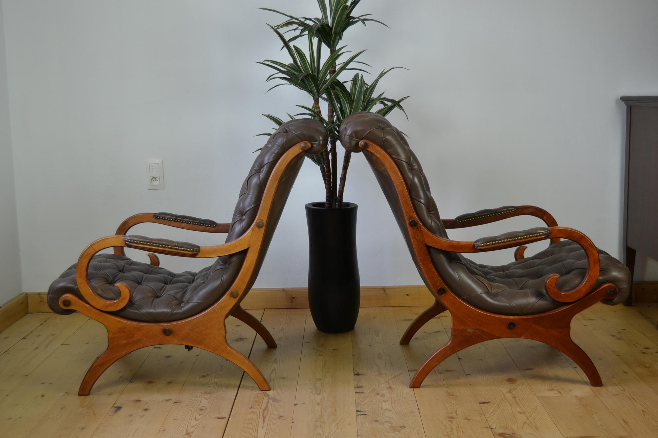 Pair of Vintage Brown Armchairs, Lounge Chairs Chesterfield Style 1