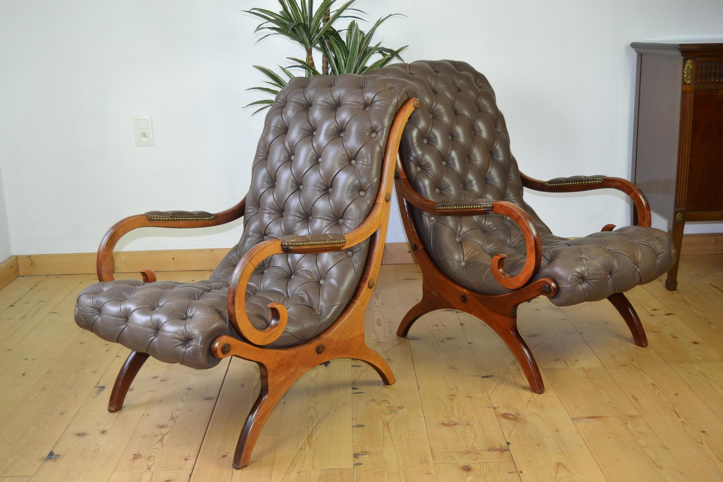 Pair of Vintage Brown Armchairs, Lounge Chairs Chesterfield Style 2