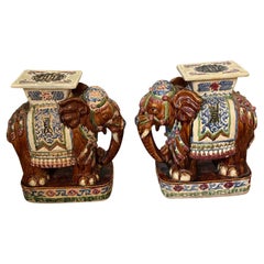 Pair of Vintage Brown Elephant Form Garden Stools with Green and Blue Decoration