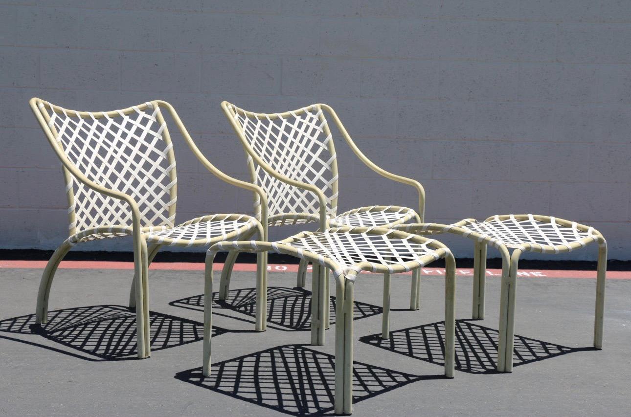 Iconic set of vintage Tamiami Patio Lounge Chairs and Ottomans designed by Brown Jordan, (They have no label). This set of chairs with ottoman are from the 1960’s. They are made of tubular aluminum and woven with vinyl. This items are in good