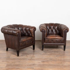 Pair of Vintage Brown Leather Chesterfield Club Chairs from Denmark