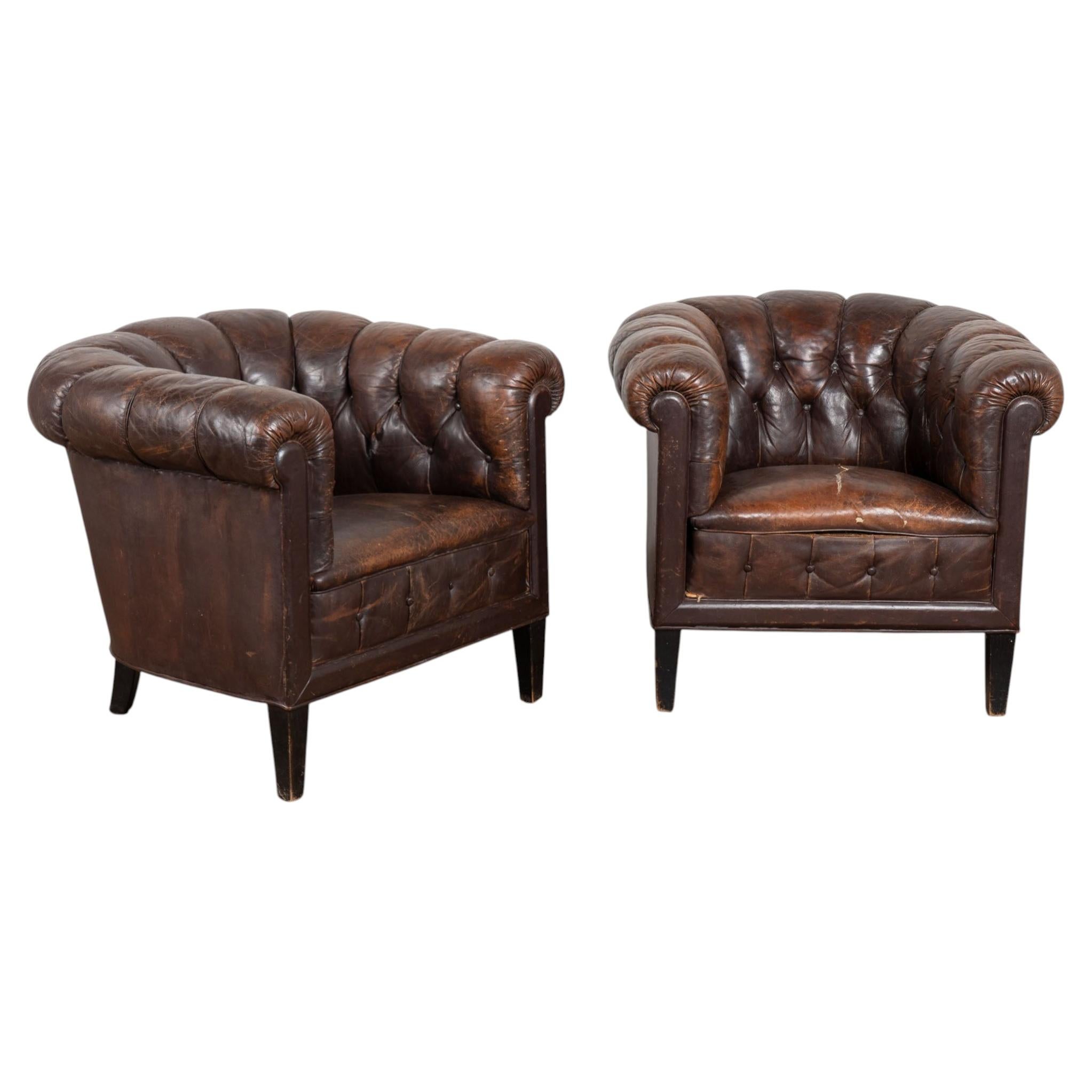Pair of Vintage Brown Leather Chesterfield Club Chairs from Denmark