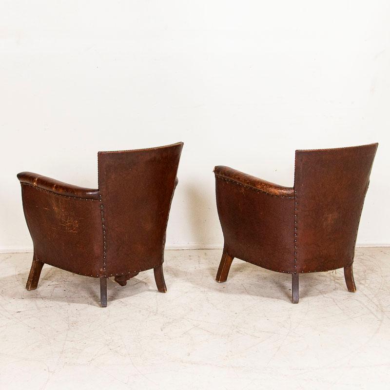 Pair of Vintage Brown Leather Otto Schulz Small Scale Club Chairs In Good Condition In Round Top, TX