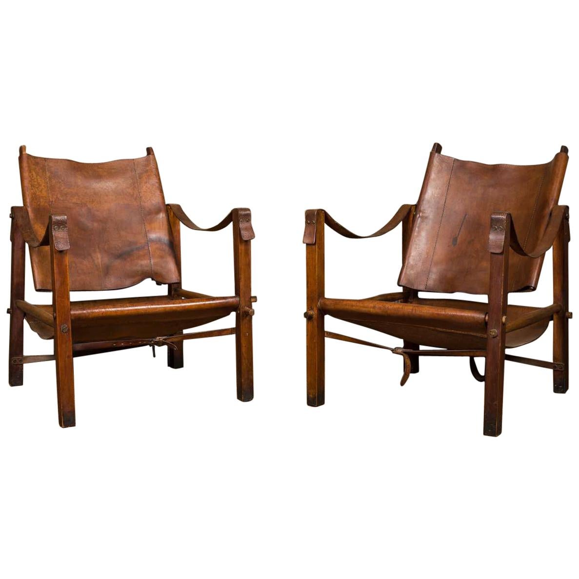 Pair of Vintage Brown Leather Safari Chairs, 1960s