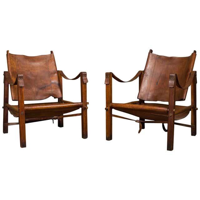 Pair of Vintage Brown Leather Safari Chairs, 1960s at 1stDibs