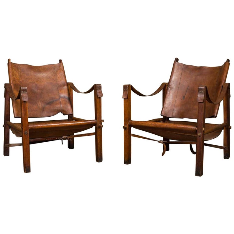 Pair Of Vintage Brown Leather Safari, Leather Safari Chairs