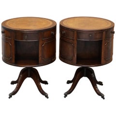 Pair of Vintage Brown Leather Topped Revolving Bookcases Side Table Drawers Size