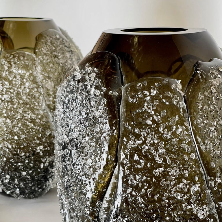 Pair of Vintage Brown Murano Art Glass Vases W/ Transparent Frozen
